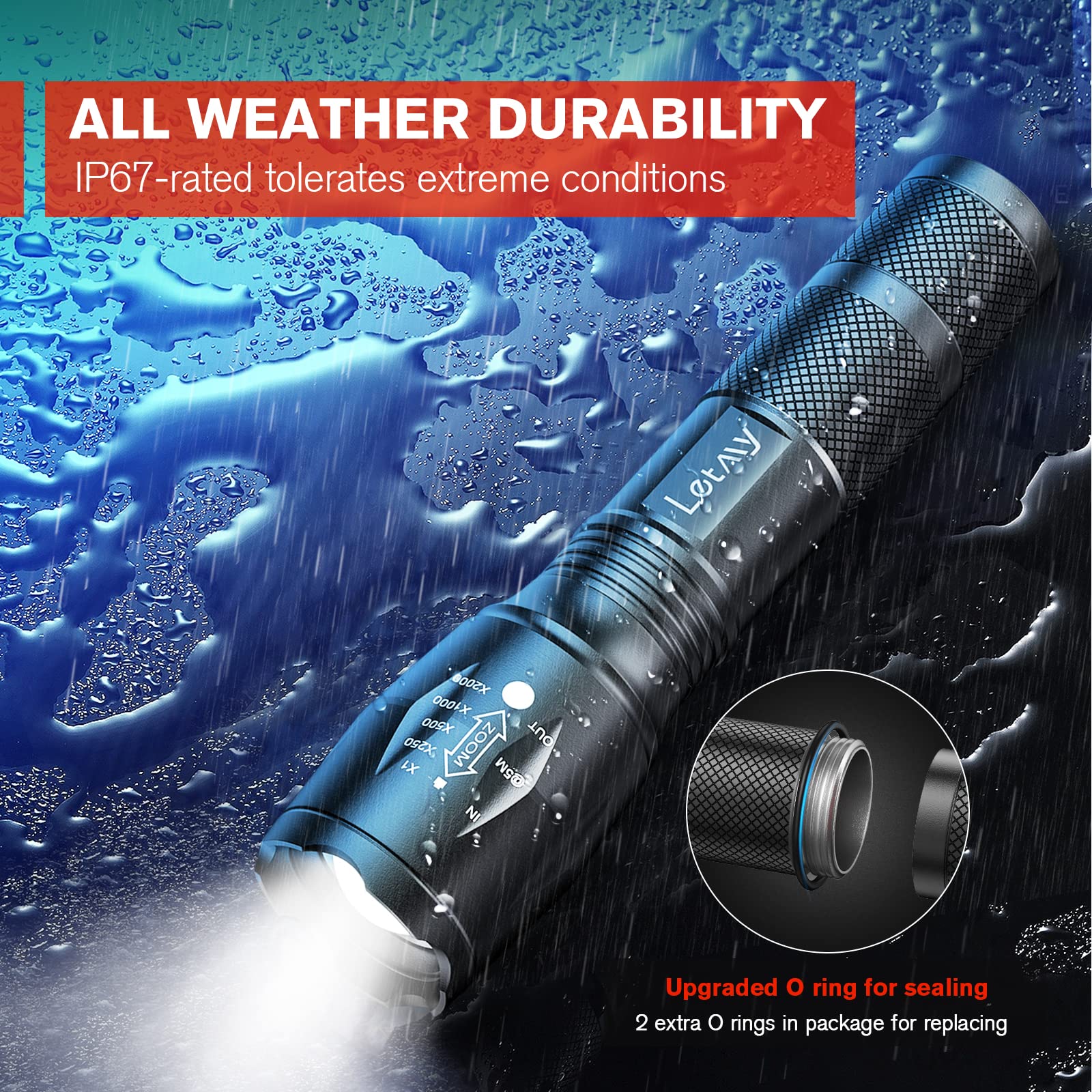 LETMY LED Tactical Flashlight S2000 [4 Pack] - High Lumens, Zoomable, Waterproof, Black, 5 Modes for Camping & Emergencies
