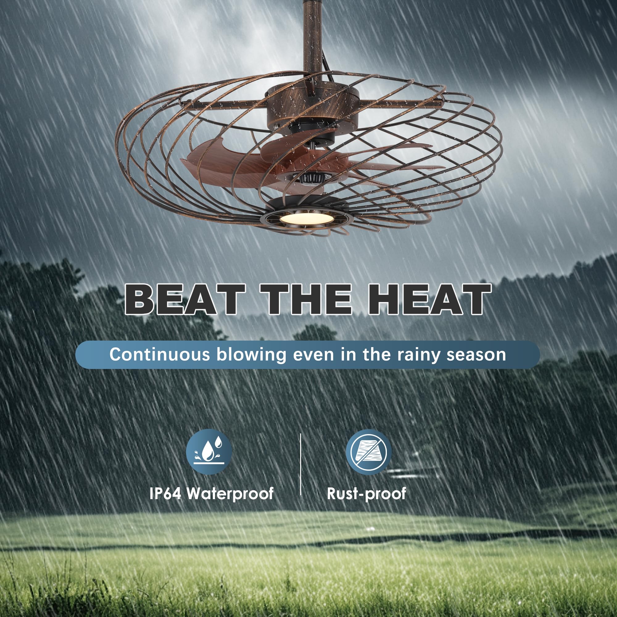 OSGNER 20in Outdoor Ceiling Fan with Light, Waterproof, Dimmable LED, Black Gold, Model F429-20-SG