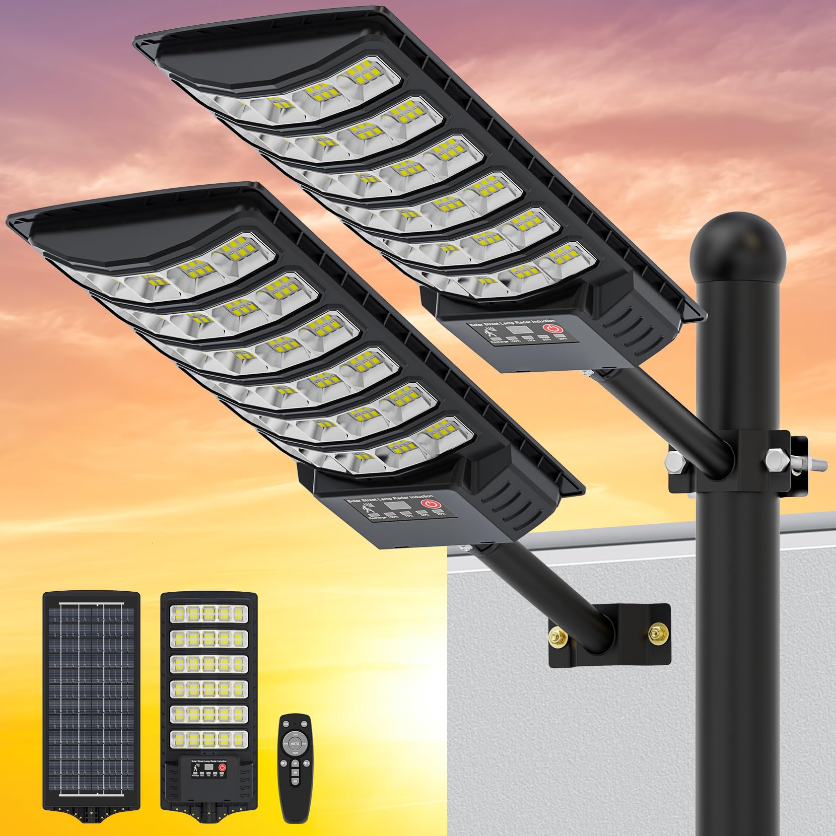 Heisolcool Solar Street Lights, 50000LM, 320° Angle, Motion Sensor & Remote, 2-Pack, Black, Model YU, Waterproof, Outdoor Lighting