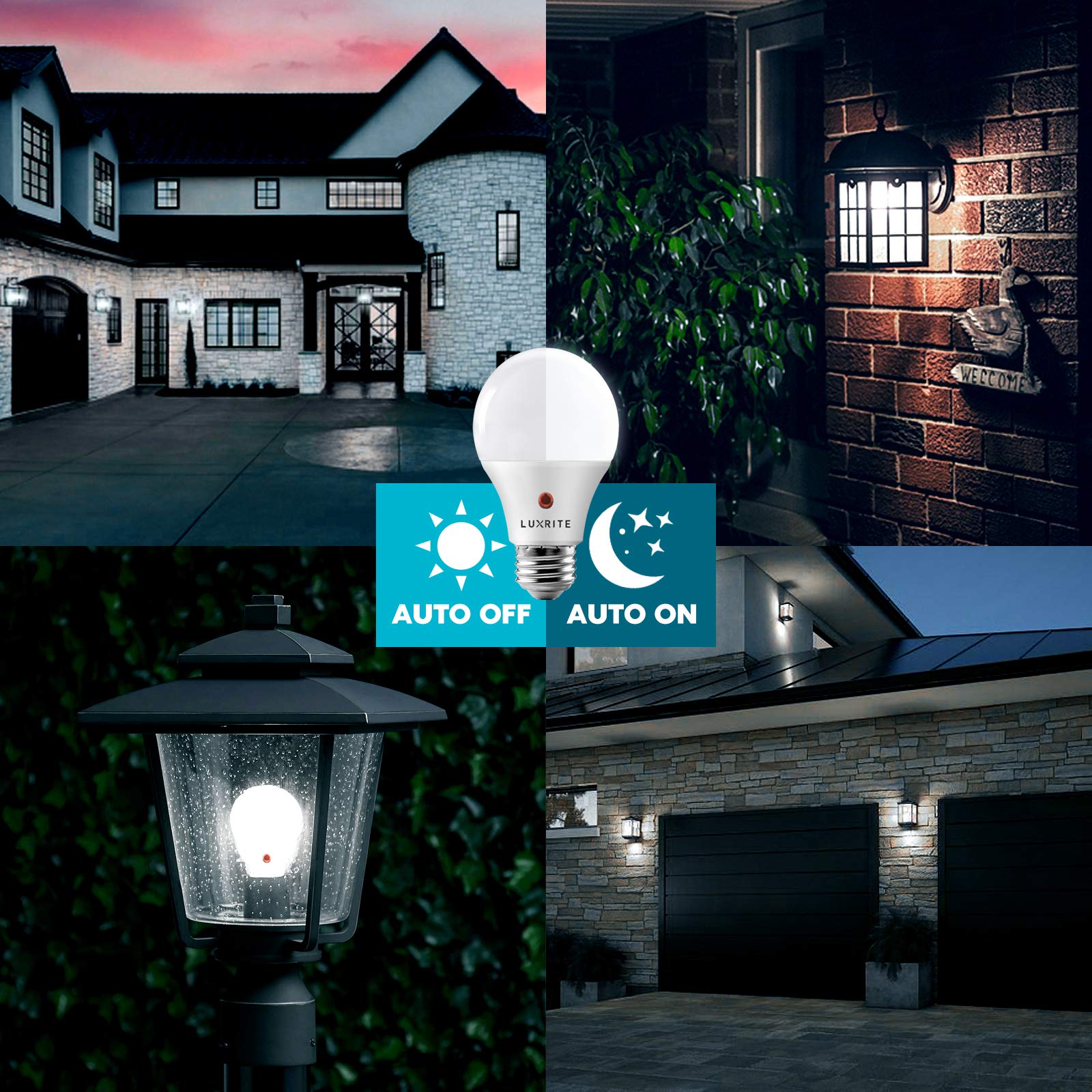 LUXRITE A19 LED Light Bulbs, 60W Equivalent, 5000K Bright White, 800 Lumens, Dusk to Dawn, E26 Base, 2 Pack