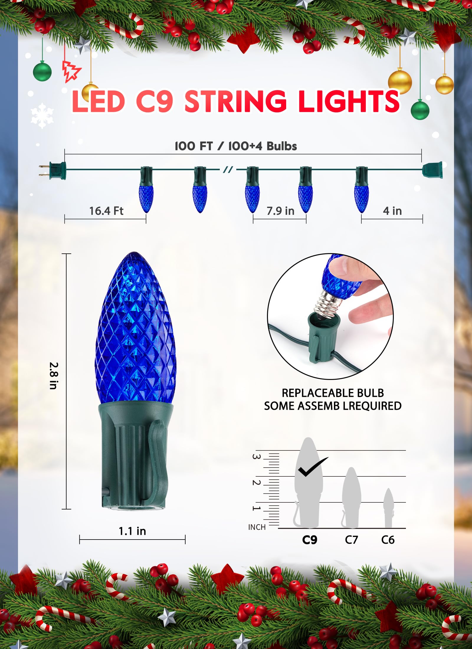 Minetom C9 String Lights, 100 FT Blue Outdoor Christmas Lights with 100 LED Bulbs, UL Certified for Indoor/Outdoor Use