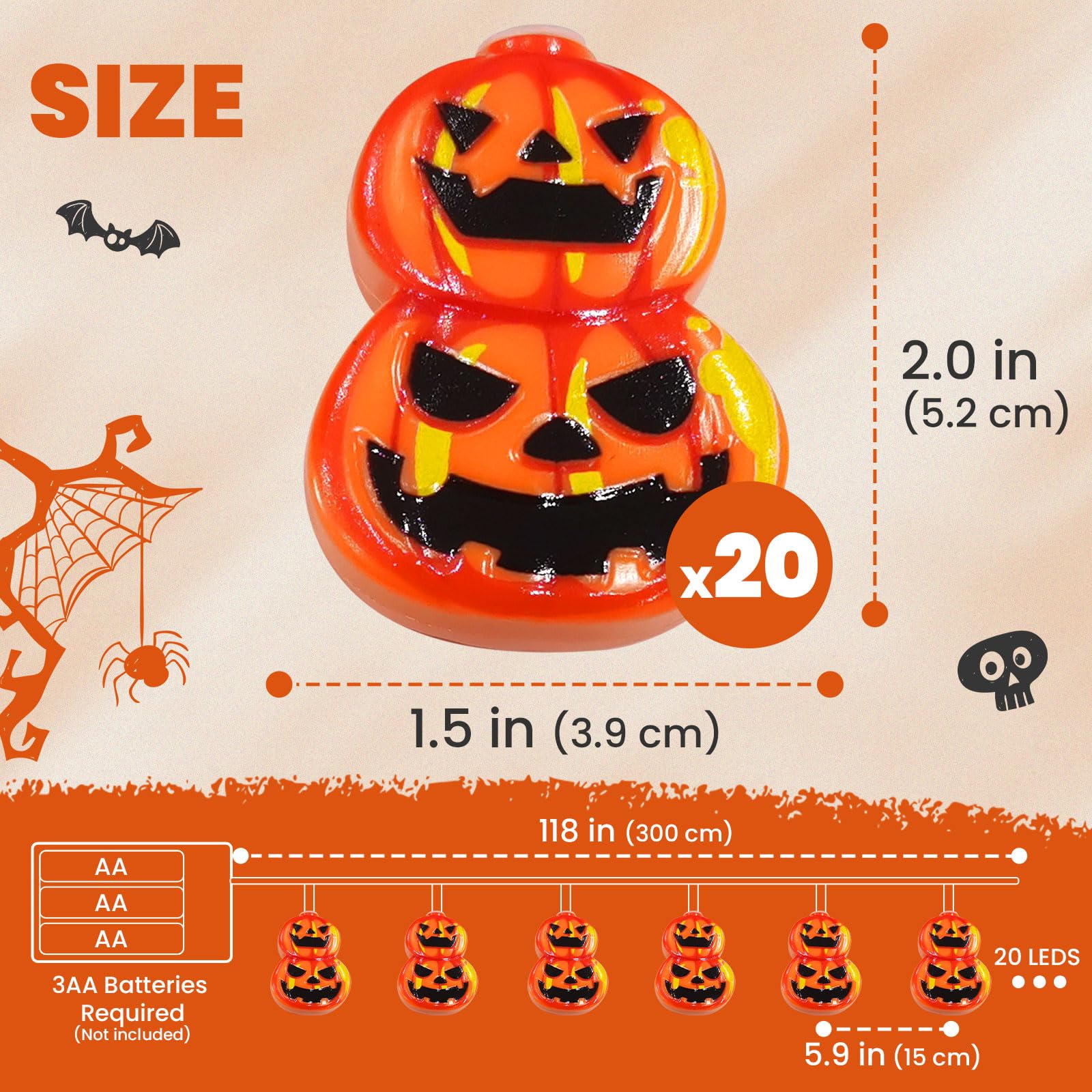 Axiijgl Halloween Decorations 20Led 9.8Ft Pumpkin String Lights Batteries Operated Battery String Lights Outdoor Indoor 2 Layer Orange Pumpkin Halloween Party Decorations