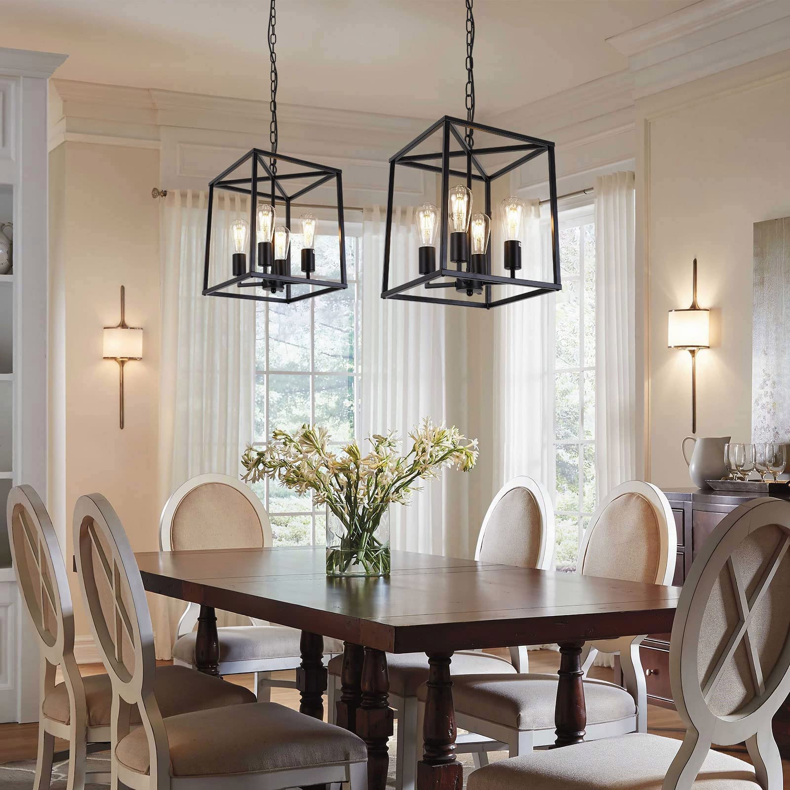 Qlxteltd 4-Light Black Farmhouse Chandelier Light Fixture Rustic Industrial Pendant Light Adjustable Metal Cage Hanging Lights F