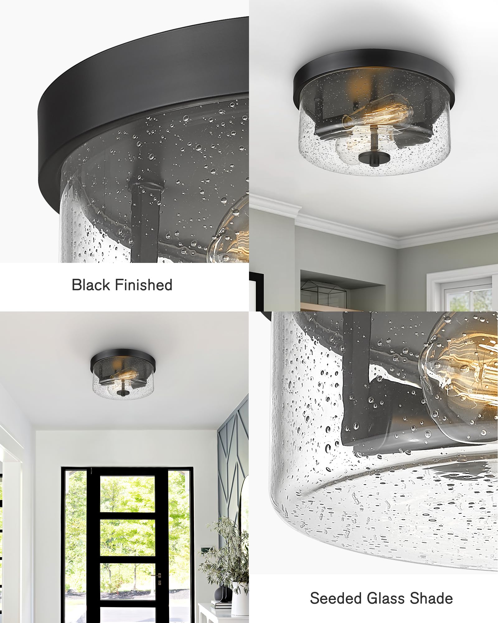 Emak Matte Black 2-Light Flush Mount Ceiling Light With Seeded Glass Shades, 11 Inch