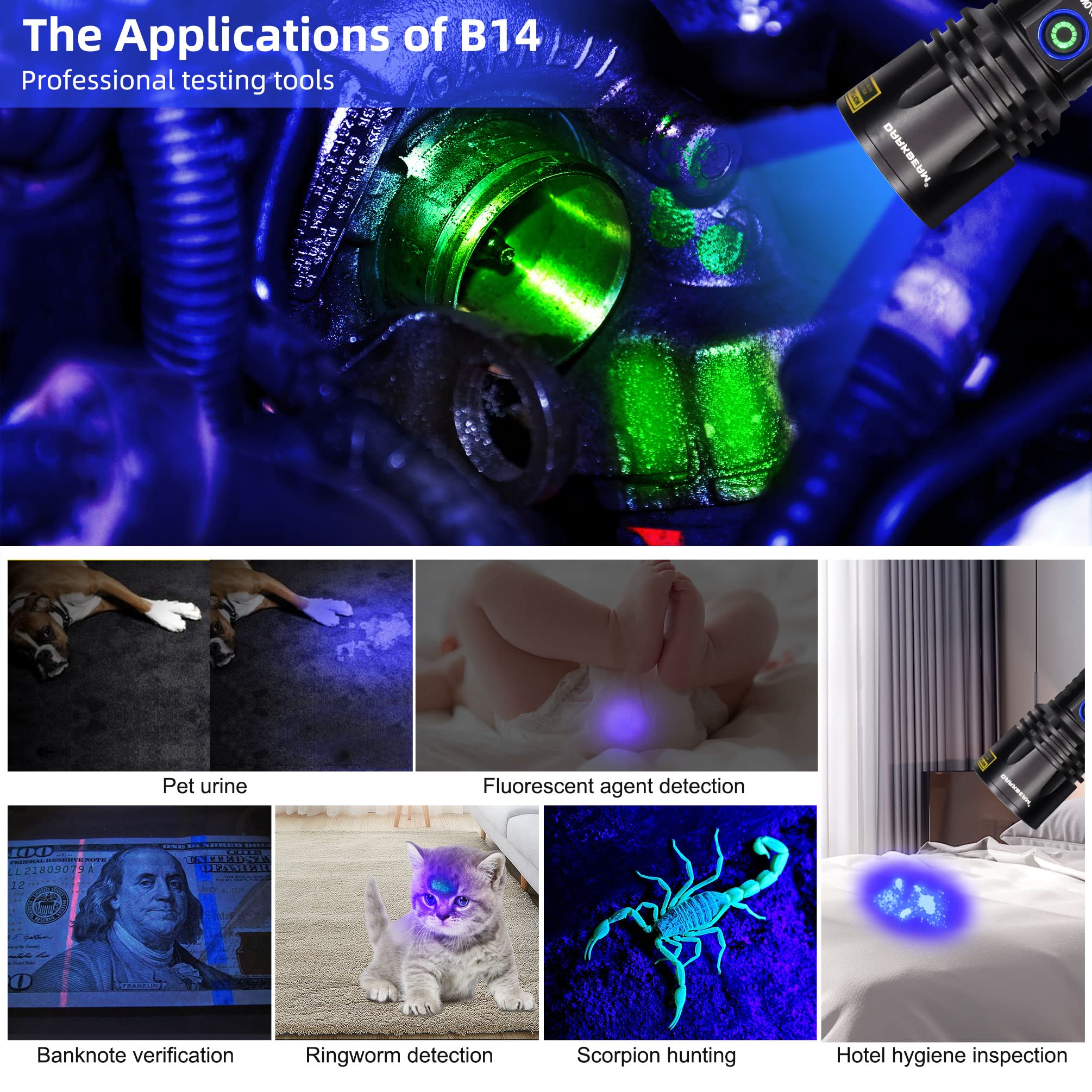 DARKBEAM UV Flashlight - 20W LED Black Light, 365nm USB-C Rechargeable, Aluminum, Model B14, Ideal for Pet Urine Detection & Resin Curing