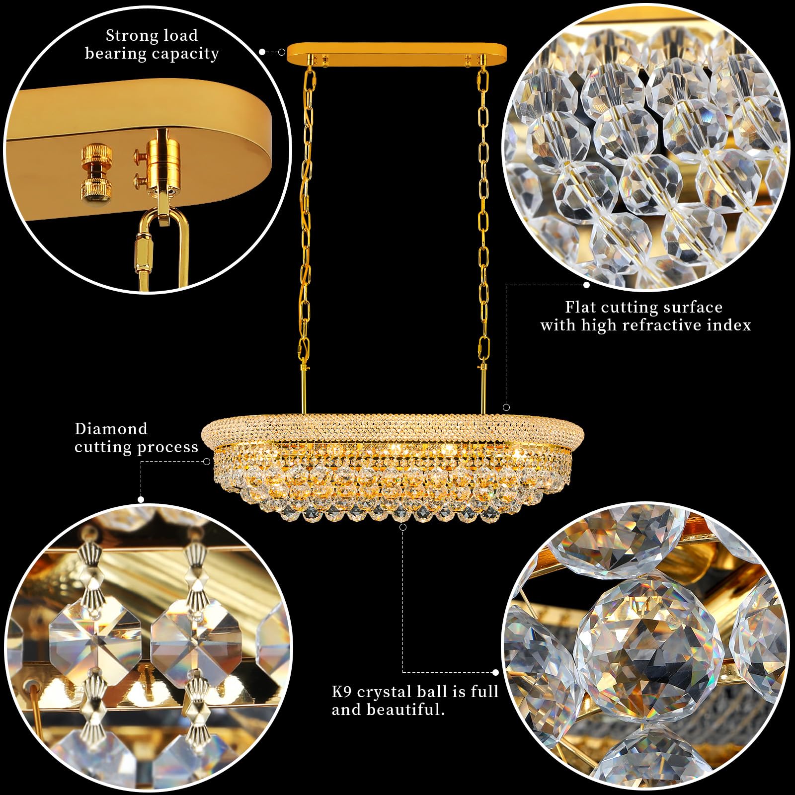Gifarich 9-Light Crystal Chandelier, Gold Modern Lighting Fixture for Dining Room, L31" Empire Style, Model 8846-9S