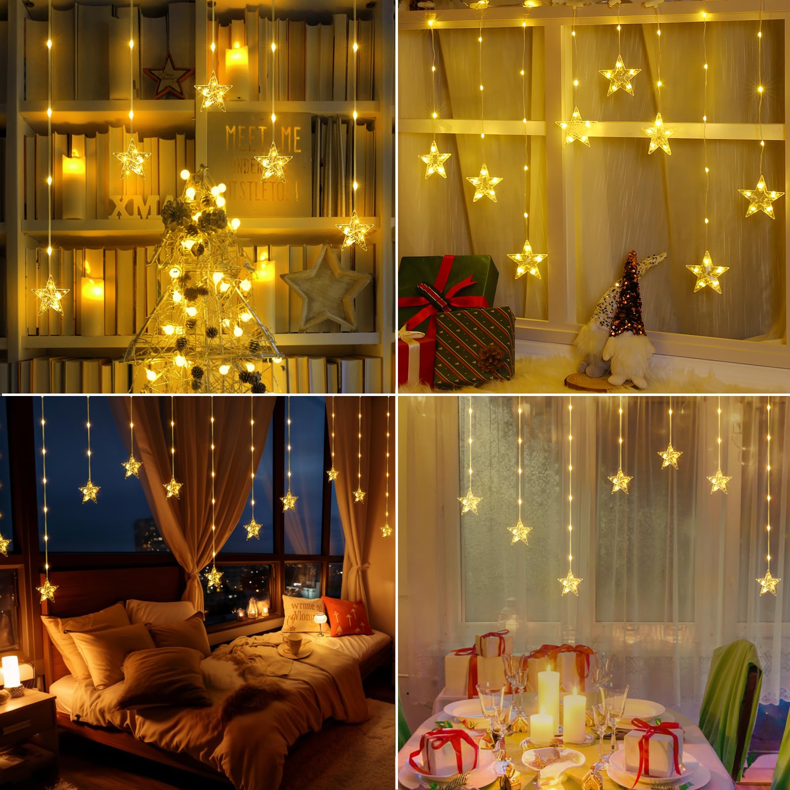 Marchpower 9 Stars Curtain Lights Warm White, Ip65 Battery Operated Christmas Star Window Curtain Lights With Timer & Memory Function, 76 Leds String Lights With 8 Modes And 10 Hooks For Xmas Decor
