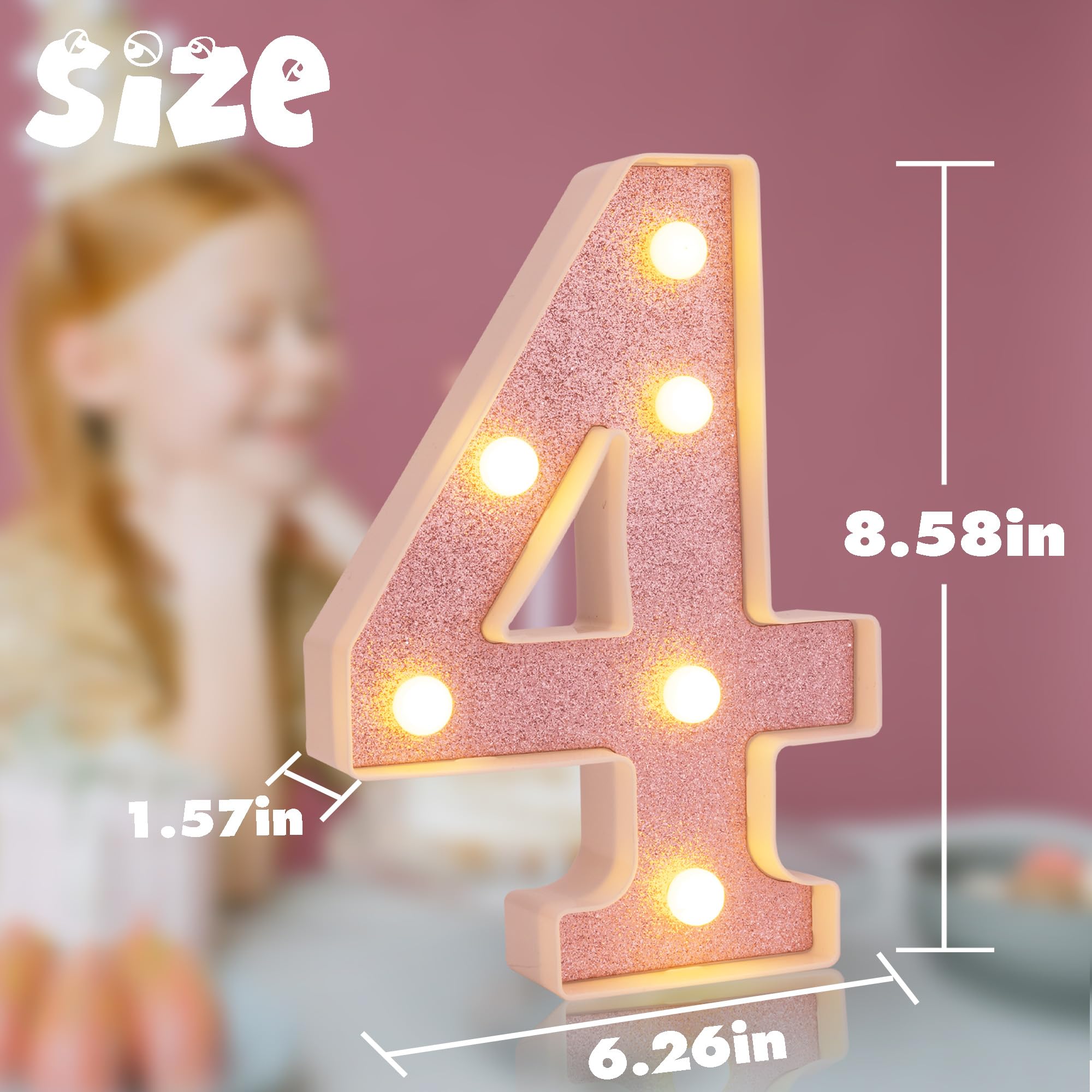 DyingSwan LED Marquee Number, Light Up Number 4, 8.58 Inch, Pink Glitter, Battery Powered Plastic Night Light for Party Decor