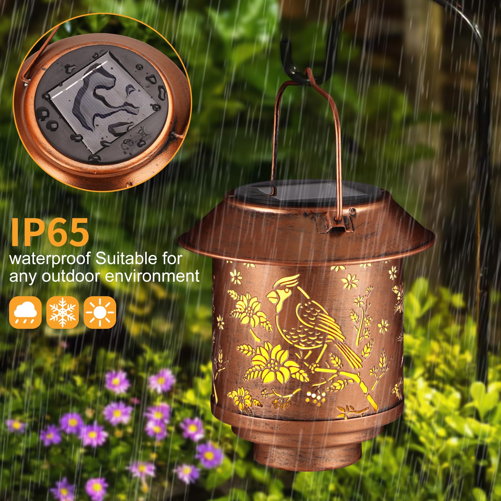 Outdoor Hanging Solar Lantern Waterproof Outside Metal Openwork Cardinal Pattern Landscape Lights For Porch Garden Yard Patio Pa