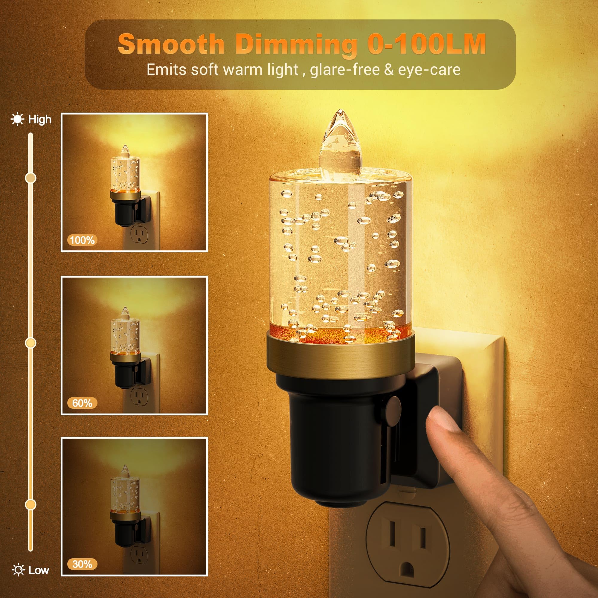 JandCase LED Night Light, Auto On/Off Sensor, Dimmable 0-100LM, 1 Pack, Amber Color