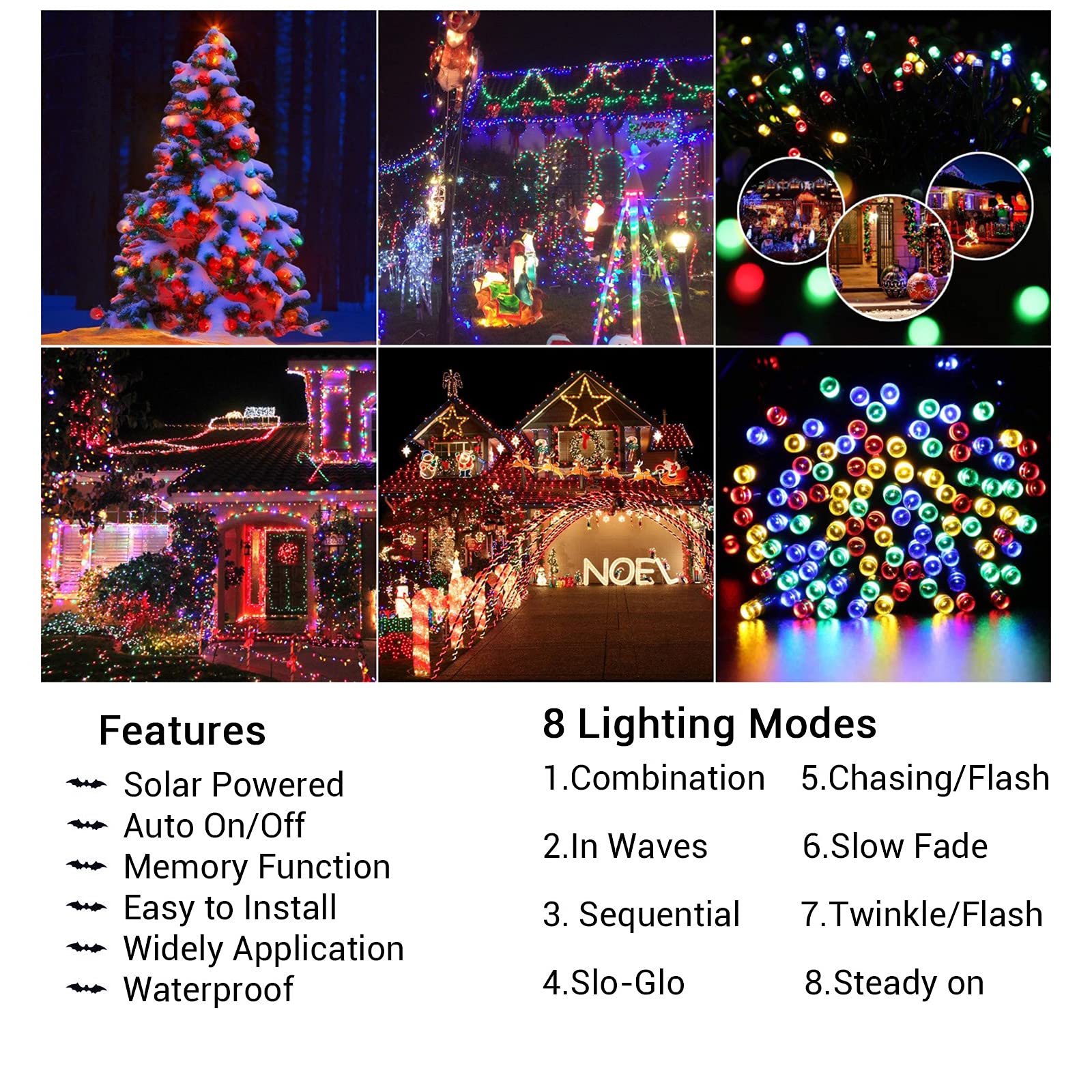 Flacchi Solar String Lights 72ft 200 LED Multicolor Waterproof Fairy Lights 2 Pack for Garden Patio Outdoor Holiday Decoration