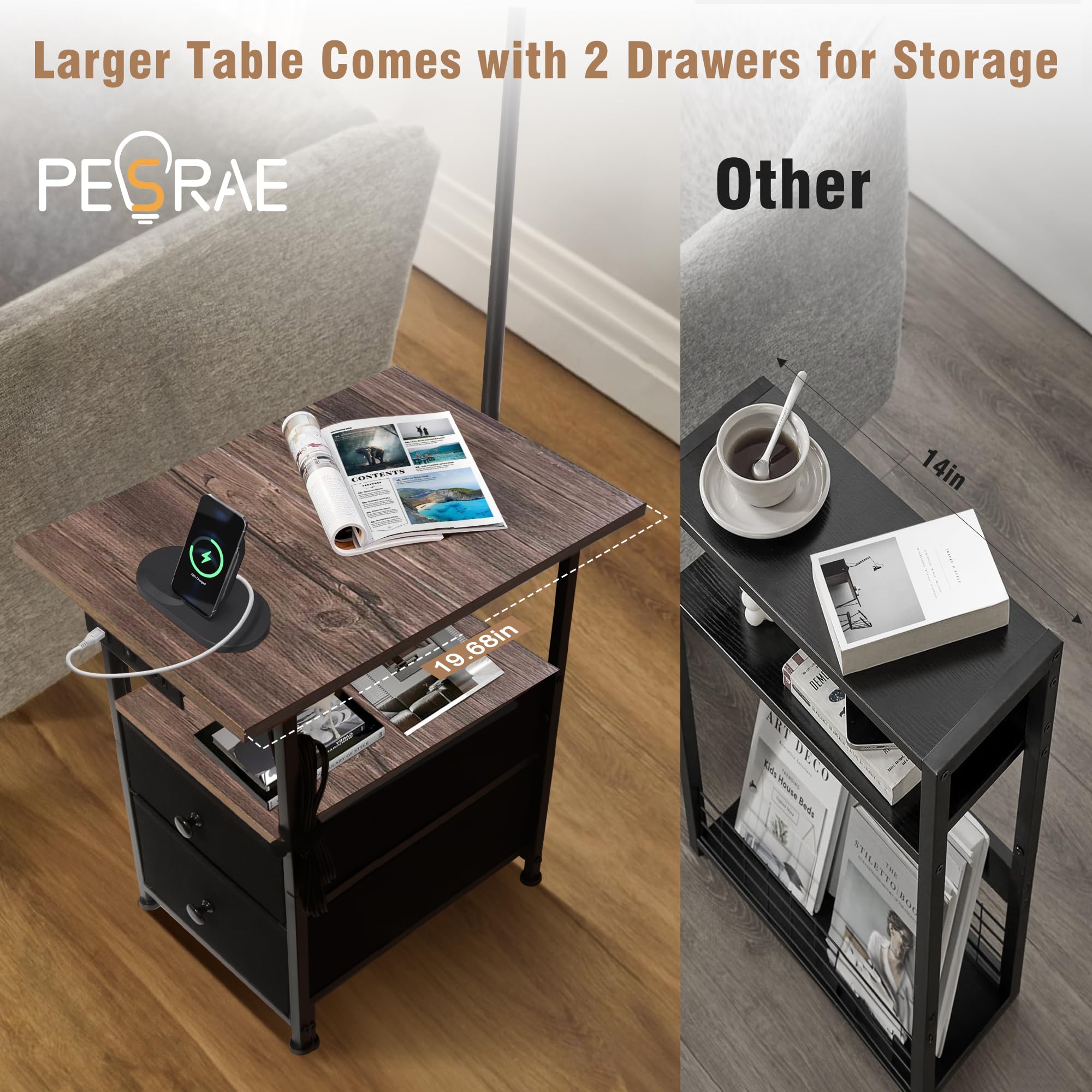 PESRAE Floor Lamp with USB & AC Ports, Natural Wood, 57.87" Tall, Model PFL-009A, 3 Color Temperatures, 2 Drawers, End