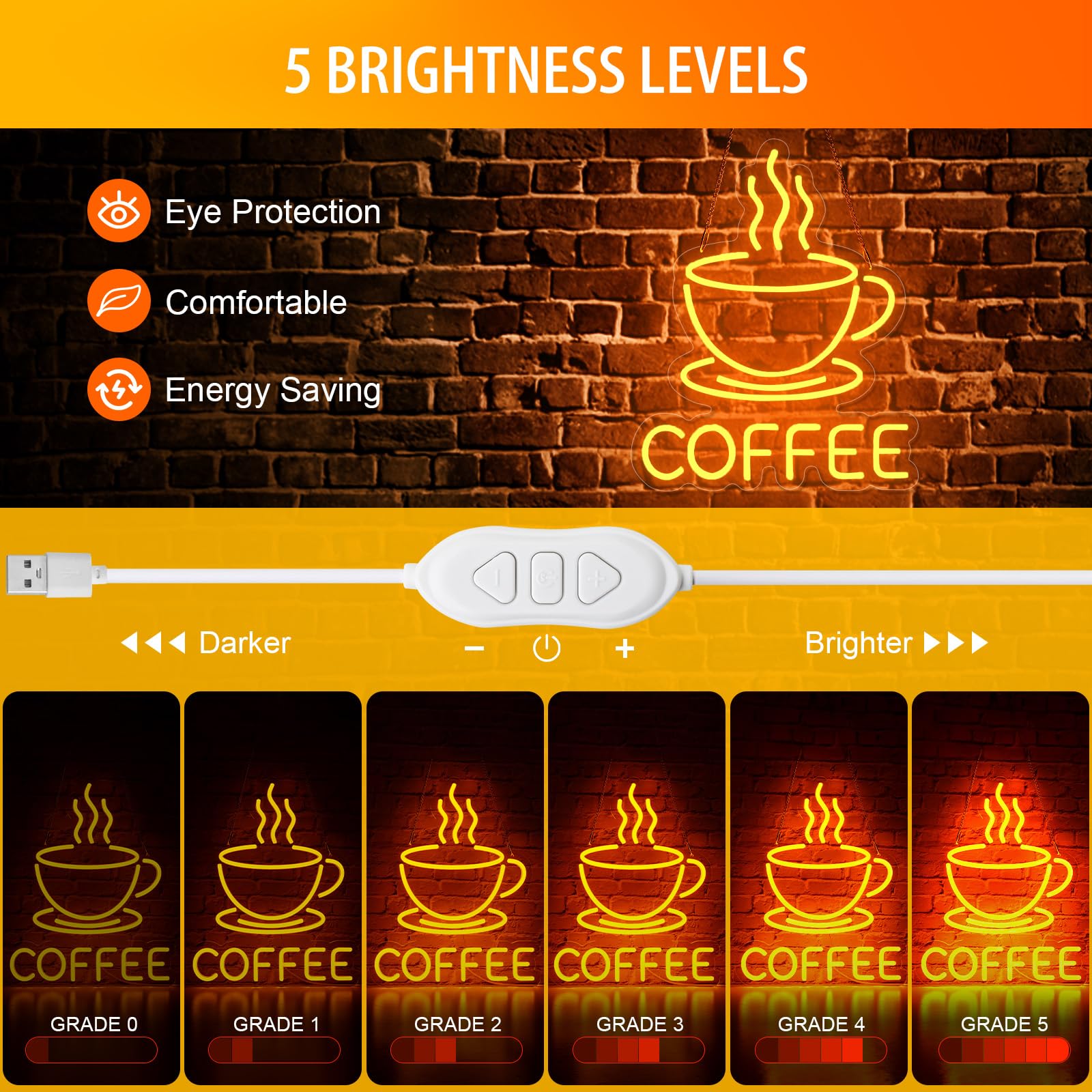 Basaneon Dimmable LED Coffee Neon Sign, USB Powered, Acrylic, 15.7x12.8 inches, Color B-COFFEE, Model ZF-COFFEE