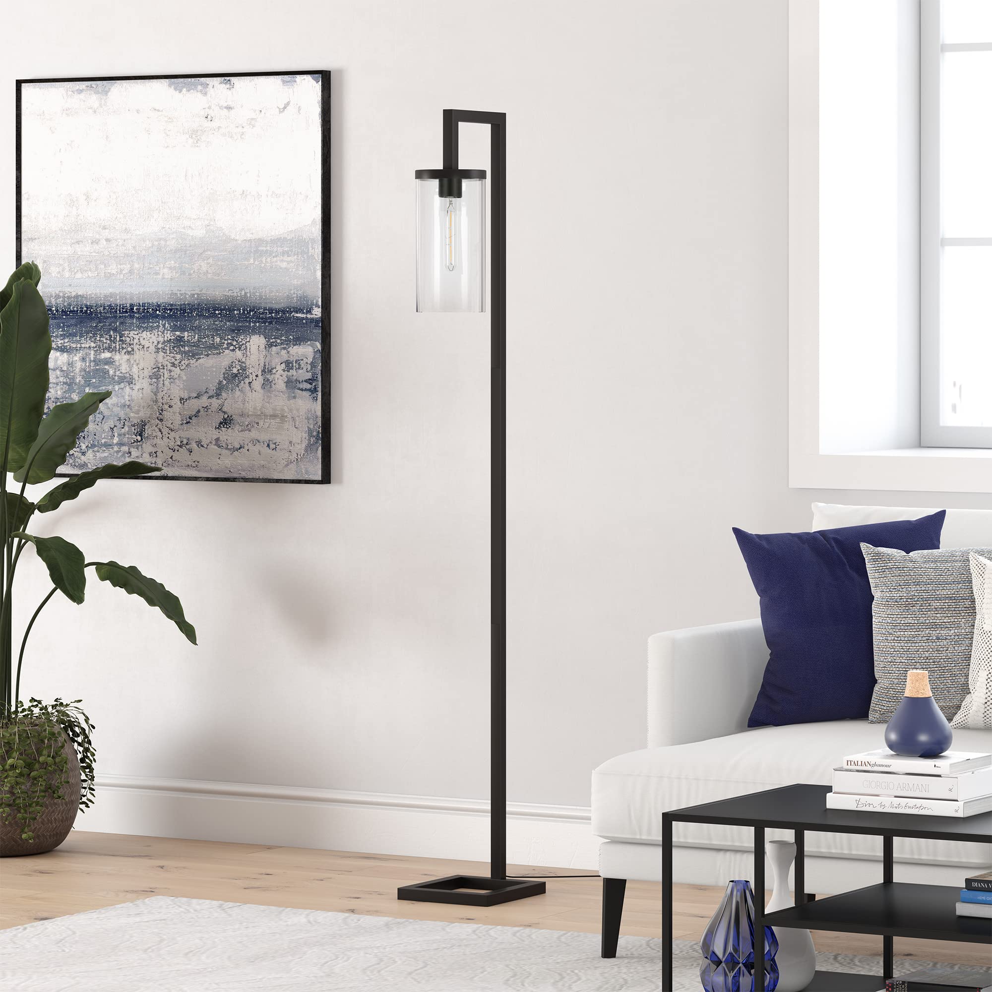 Henn&Hart 67.75'' Tall Floor Lamp With Glass Shade In Blackened Bronze/Clear, Floor Lamp For Home Office, Bedroom, Living Room