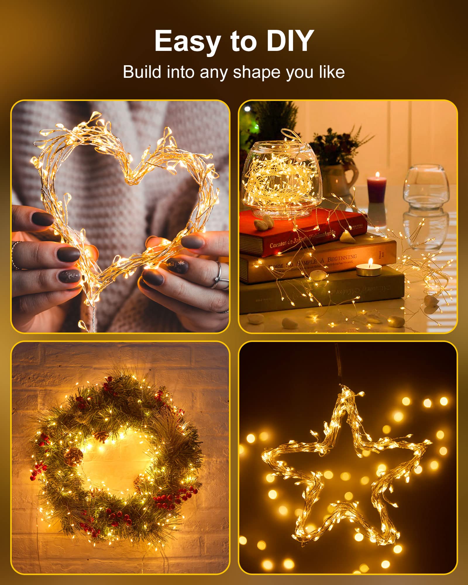 2 Pack Fairy Lights Battery Operated, Twinkle String Lights Waterproof Silver Wire 5 Feet 60 Led Firecracker Starry Lights For Diy Wreath Wedding Party Bedroom Mason Jar Holiday Christmas, Warm White