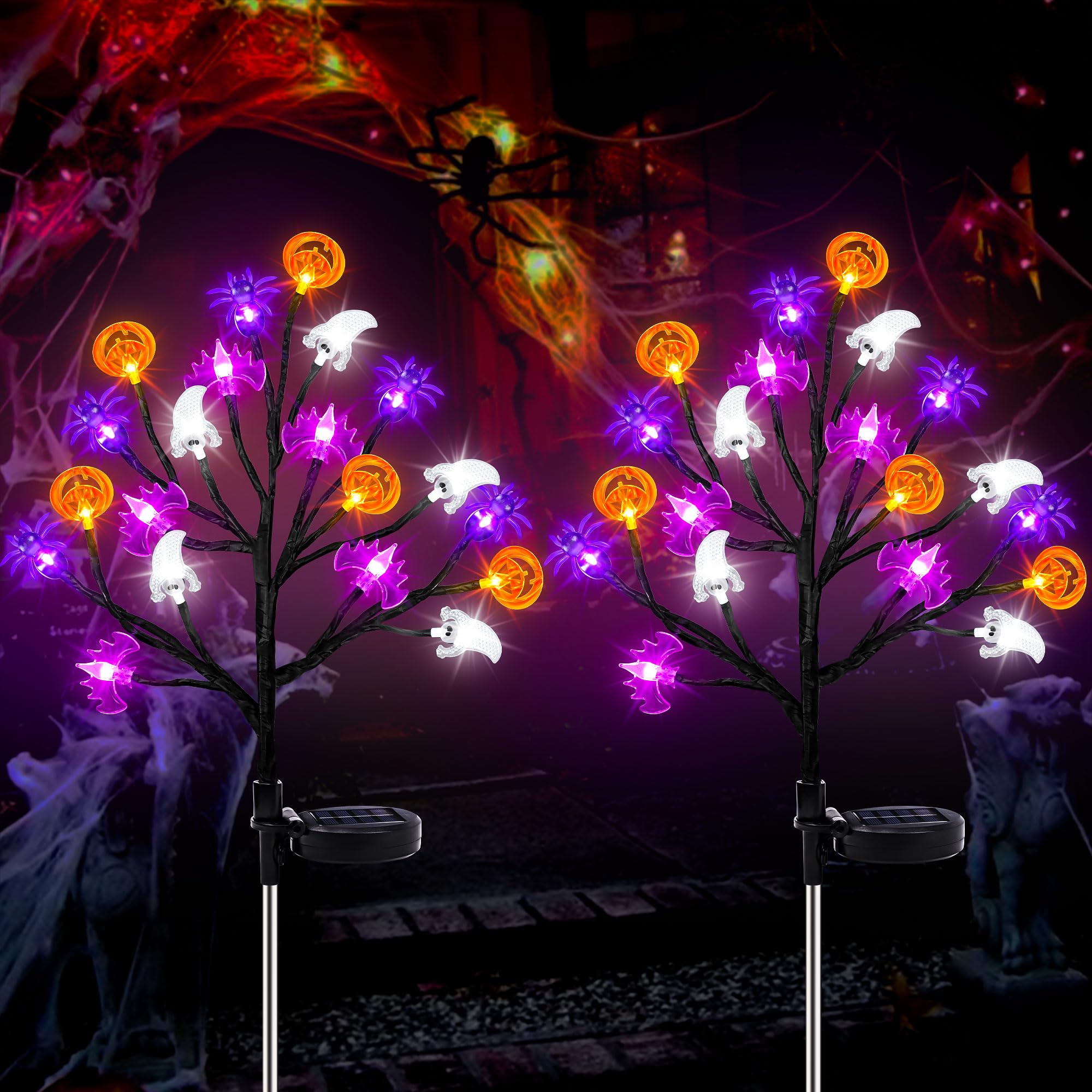 Halloween Decorations Outdoor Solar Lights, 2 Pack Halloween Lights Outdoor Solar Lights Waterproof With 20 Led Ghosts Bats Spiders Pumpkin Lights, 2 Modes Solar Pathway Lights For Halloween Decor