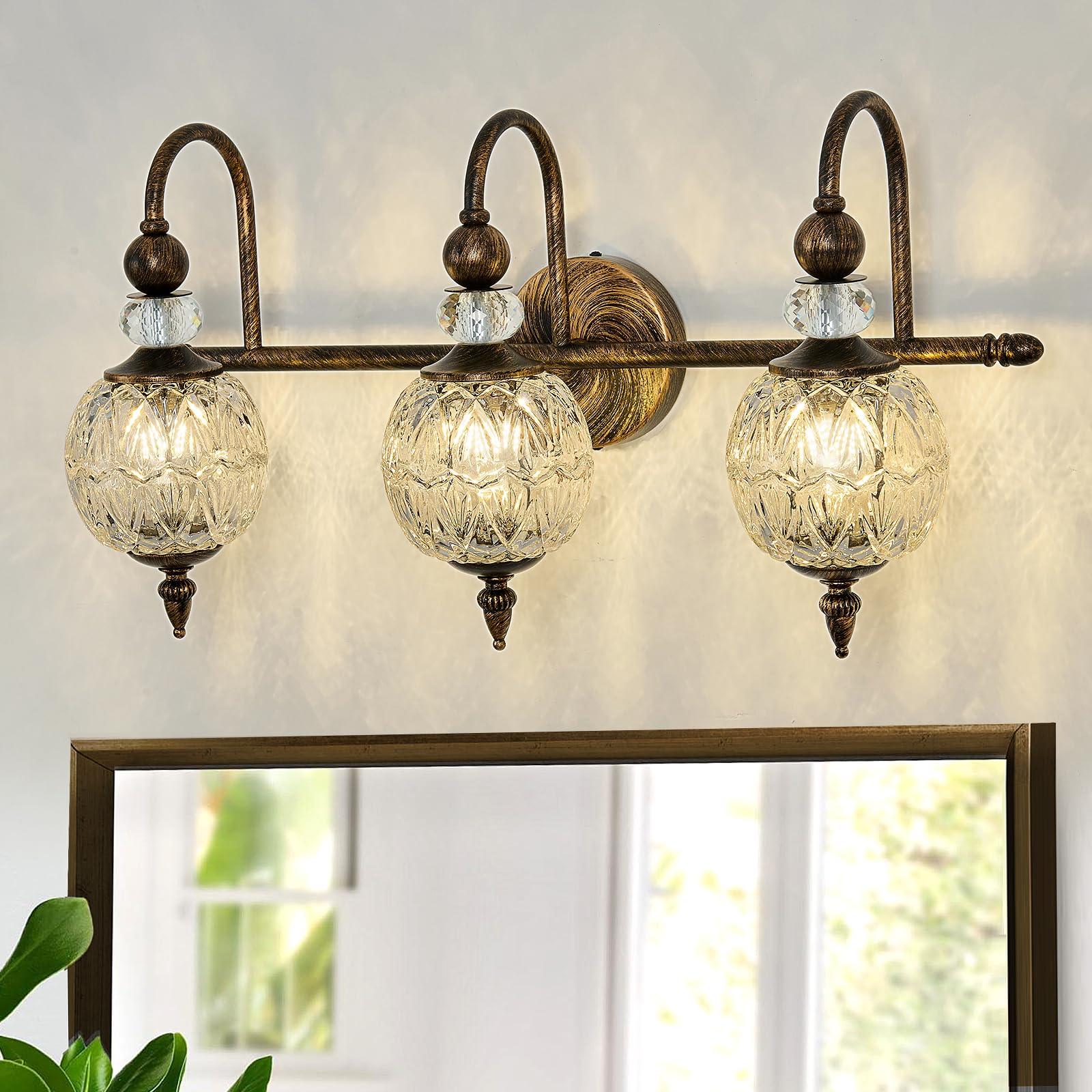 Piepooye Vintage Bathroom Light Fixtures Bronze Vanity Light With Glass Globe Lampshade 3 Lights Mid Century G9 Bulb Wall Sconce