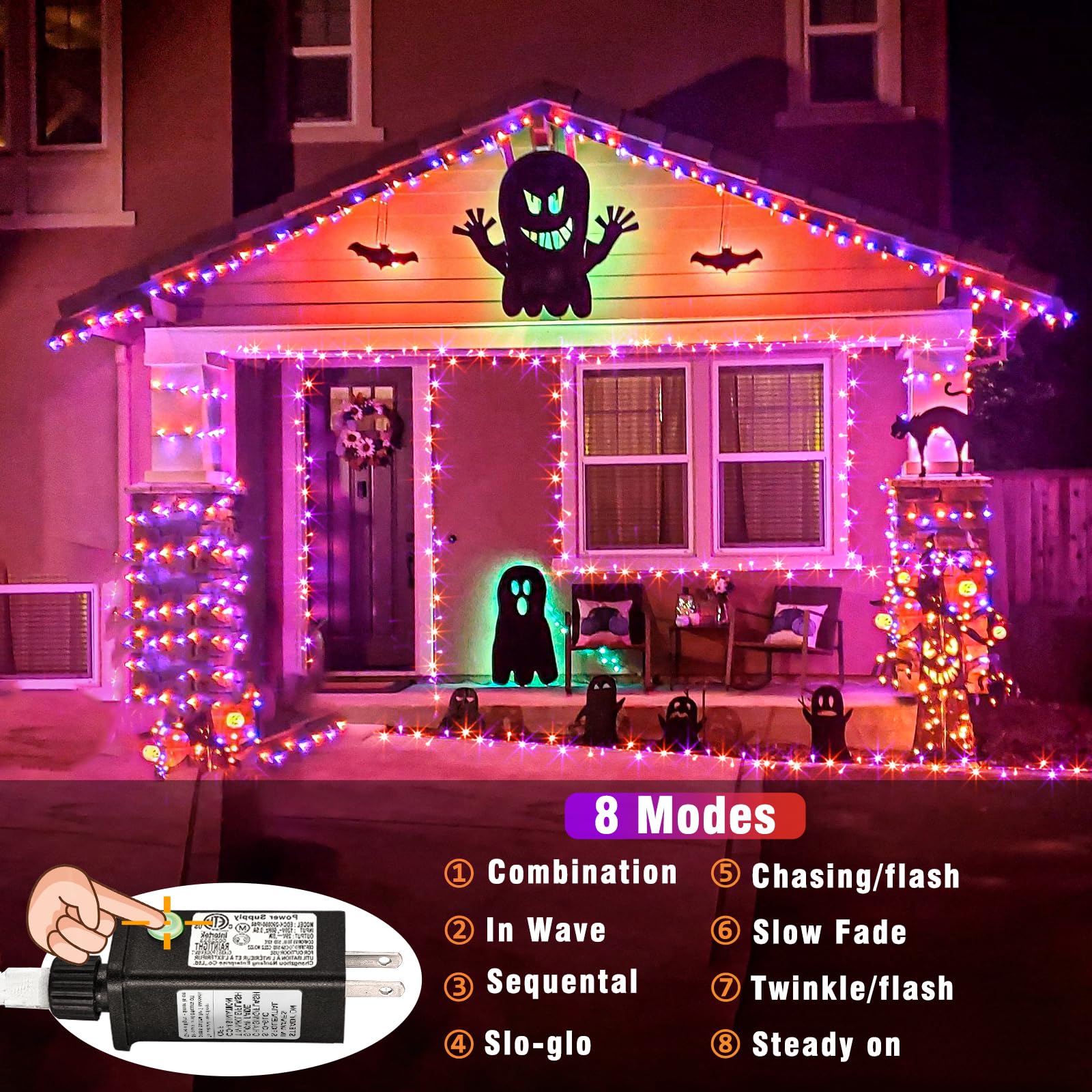100 Led Halloween Lights Outdoor, 33Ft Halloweem String Lights Indoor Clear Wire 8 Modes Waterproof Plug In Twinkle Fairy Lights With Timer Memory For Room Tree Party Decorations, Purple&Orange