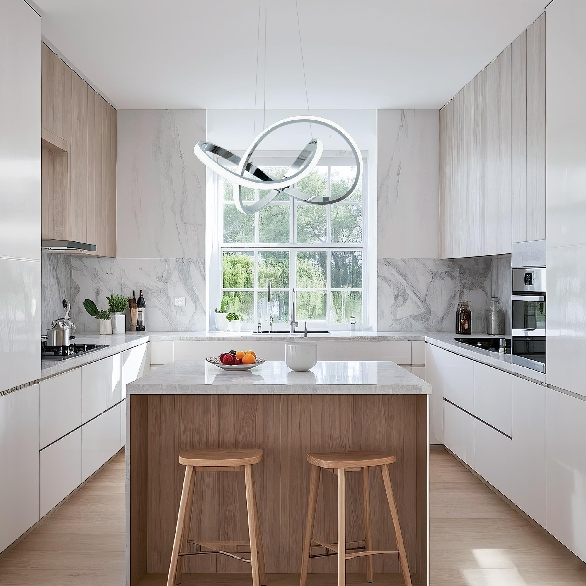 Mayna Modern Chandelier With Remote Control  3-Color Dimmable Led Pendant Light Fixtures  Height Adjustable Kitchen Island Lighting For Dining Room Kitchen Entryway Living Room  Chrome 25.6 Inch