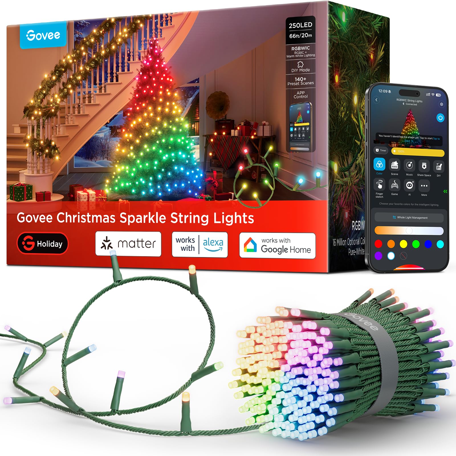 Govee Christmas String Lights, 66ft, RGBWIC, 250 LEDs, App-Controlled, Multicolor, Model H6870