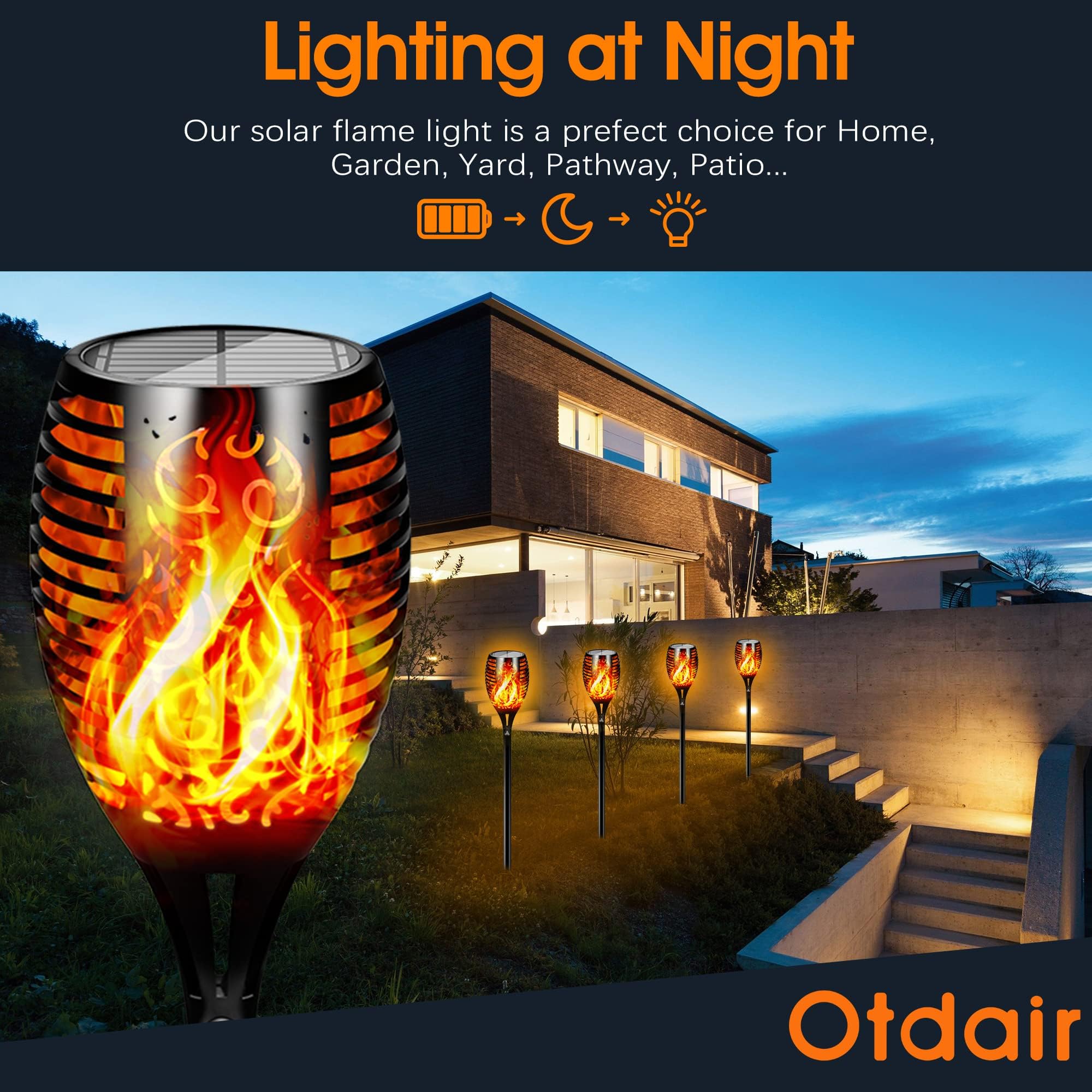 Otdair 96 LED Solar Tiki Torches, 4 Pack, Waterproof 43 Warm Flickering Flame Solar Lights for Garden, Yard, Patio Decorations