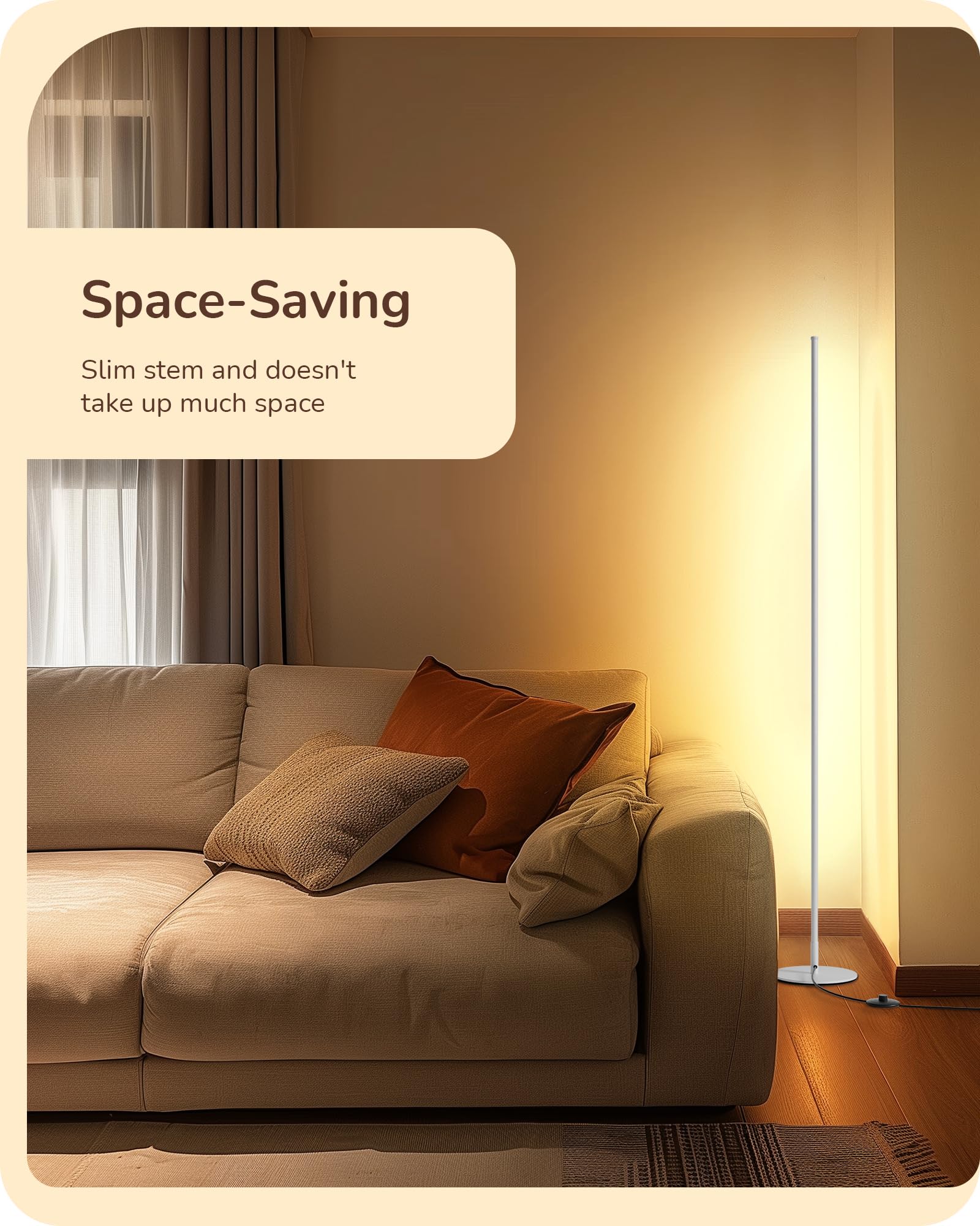 EDISHINE LED Corner Floor Lamp, 57.5in Dimmable, Minimalist Design, Aluminum, Warm White Light, White
