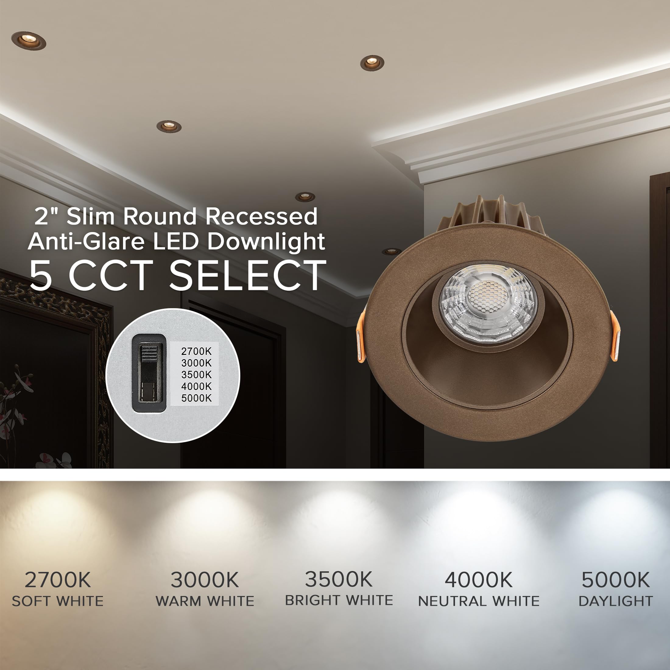 Maxxima Ultra-Thin 2" LED Downlight, 550 Lumens, Dimmable, 5 Color Temps, Bronze Trim, Model MRL-S20803BR