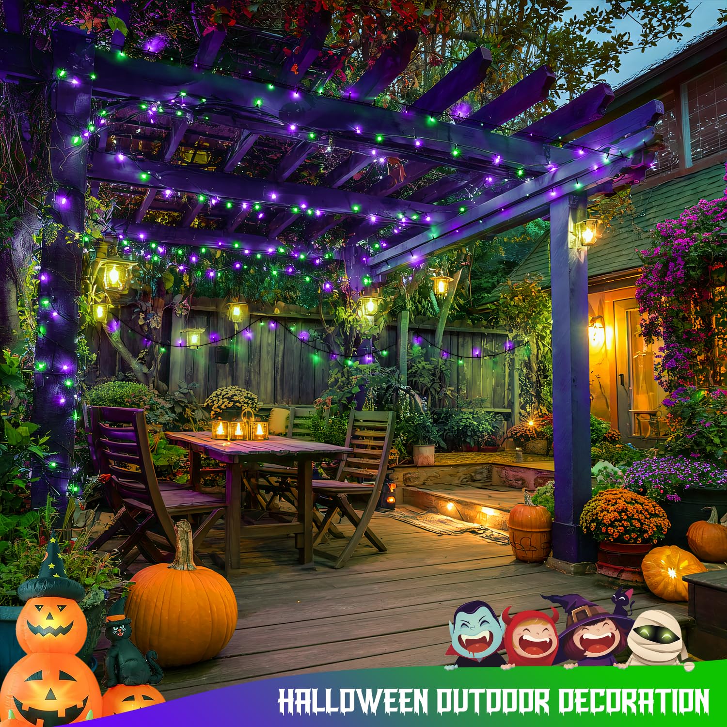 JMEXSUSS 250 LED String Lights - Purple & Green, Waterproof, 8 Modes, Model EXS-S-0250, Ideal for Outdoor Party and Halloween Decorations