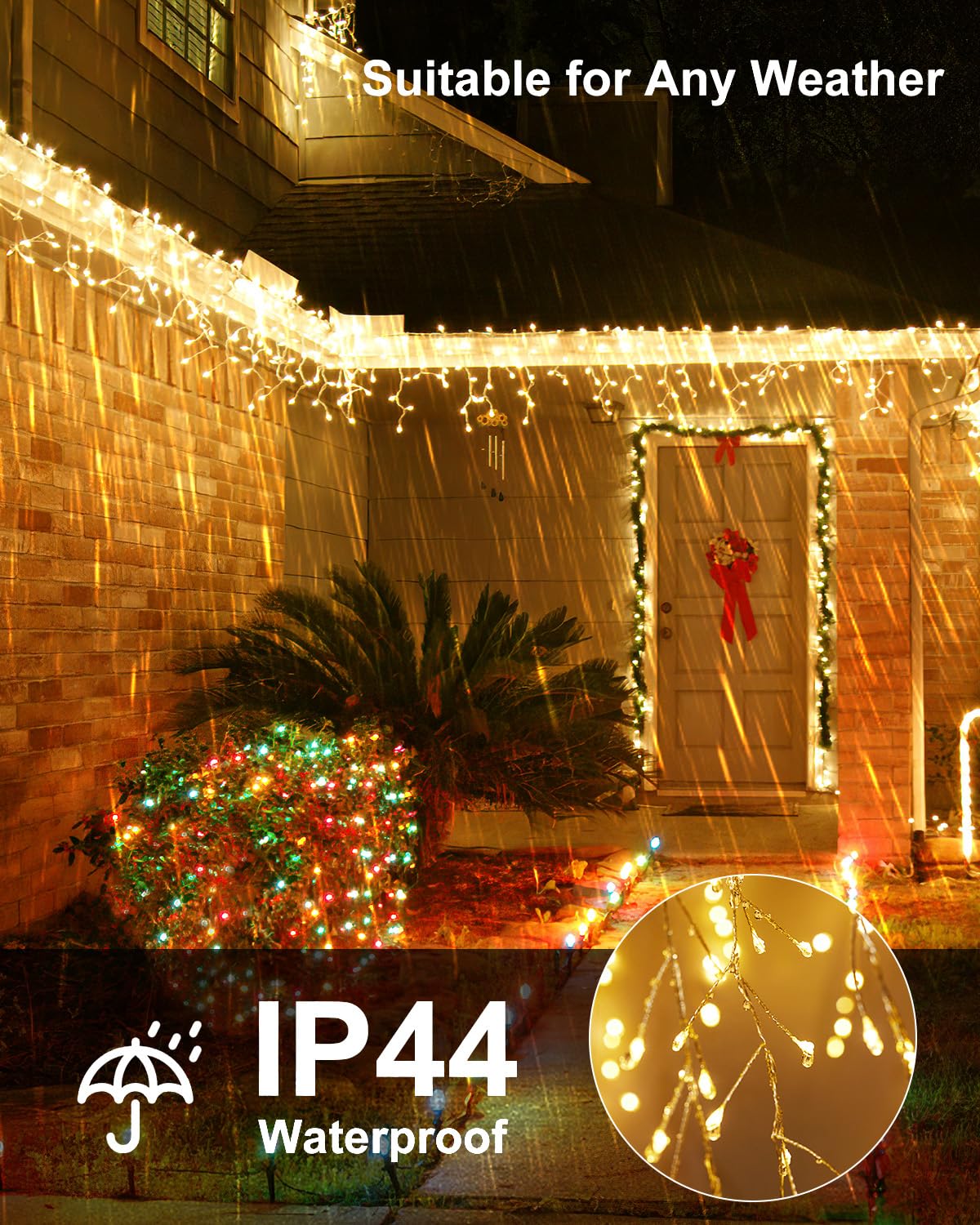 Minetom Cluster Icicle Lights Outdoor, 9Ft 400 Led Icicle Lights With 15 Drop,8 Mode Icicle String Lights, Waterproof Firecracker Christmas Lights Outdoor House Decoration, Warm White