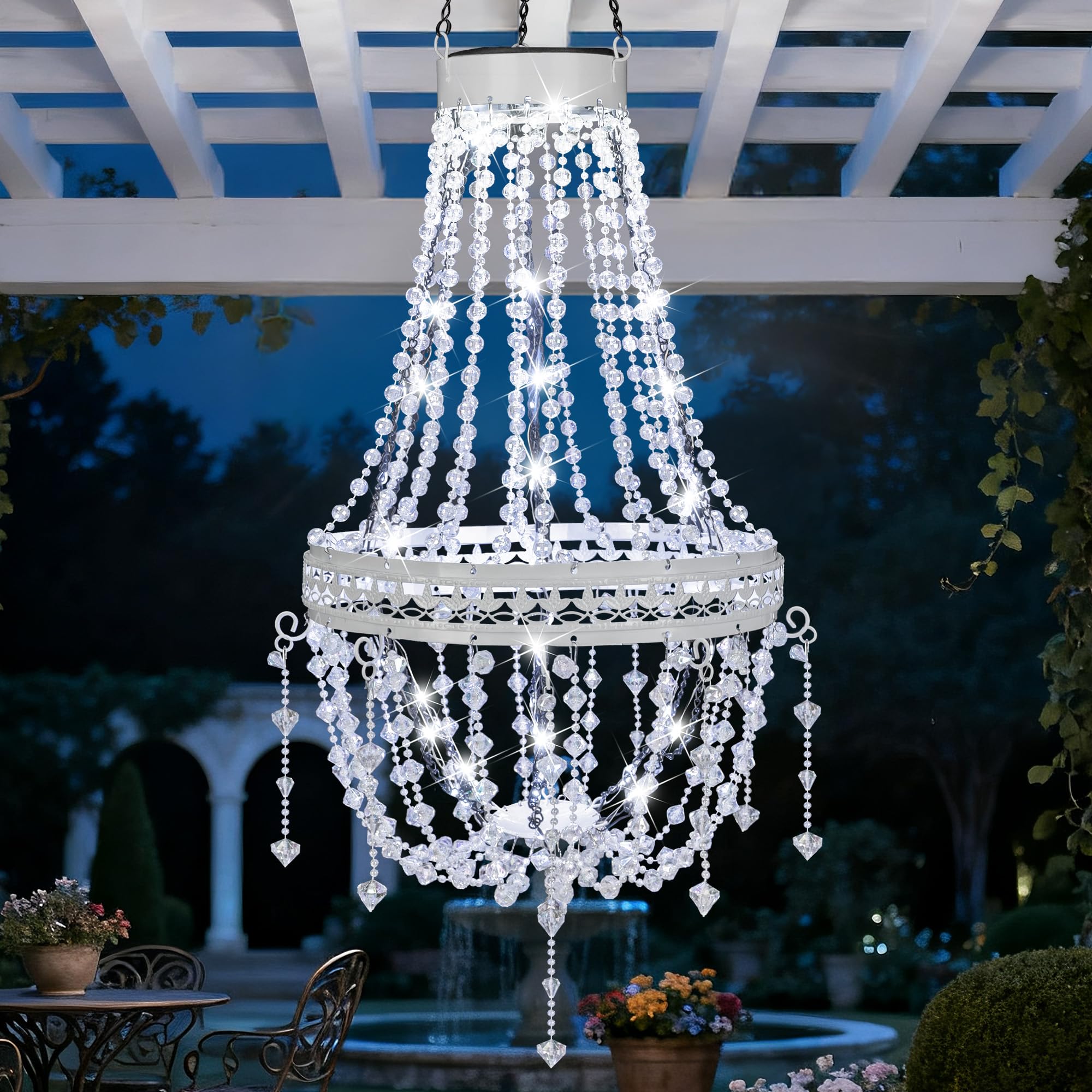 Hanging Solar Lantern Outdoor Chandelier, Waterproof Modern Crystal Acrylic Pendant Light with Cool White LED S Hook Gifts for W