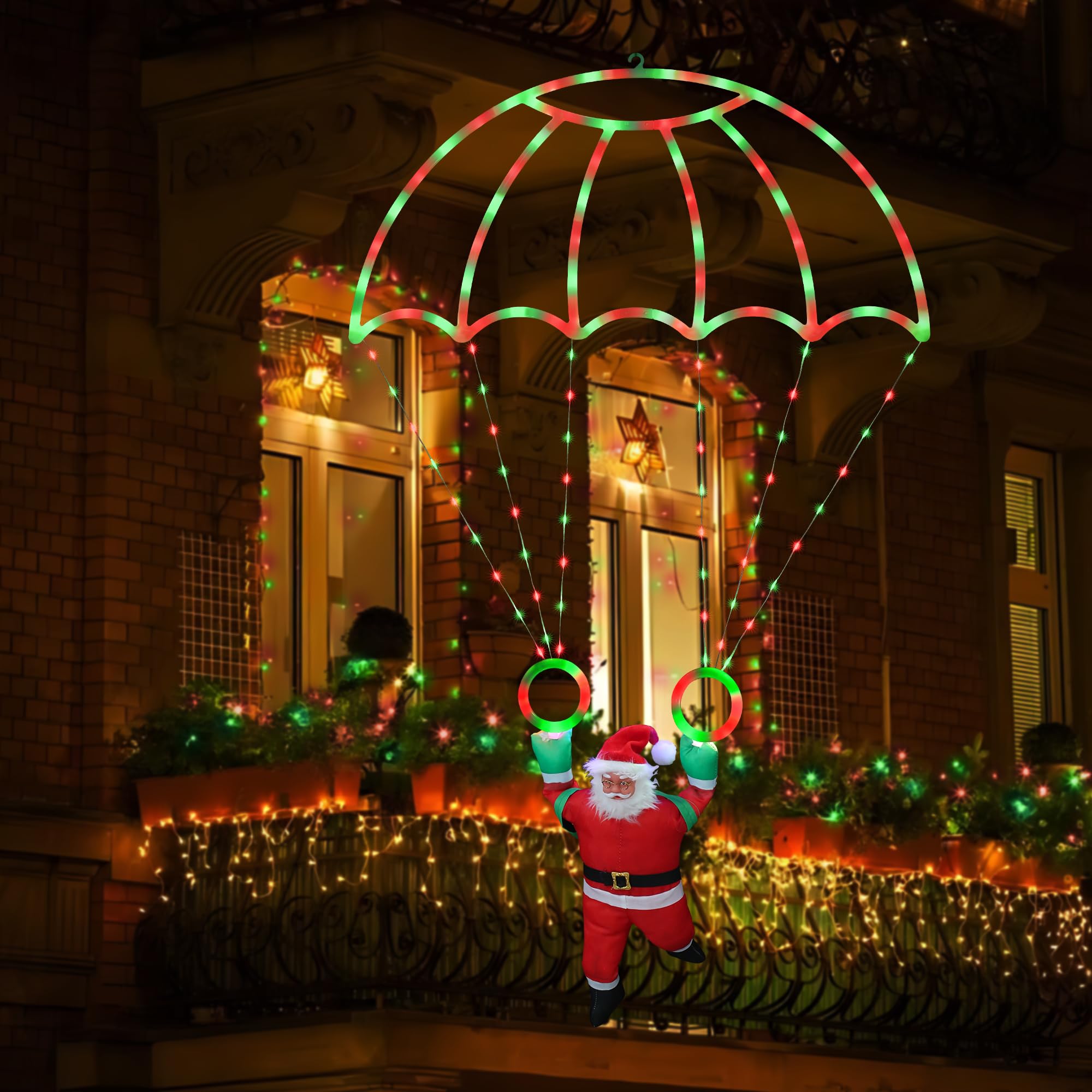 Toodour Christmas Decorations Outdoor, 2.8FT Christmas Parachute Lights with Santa Claus, Waterproof 8 Modes Hanging Red & Green