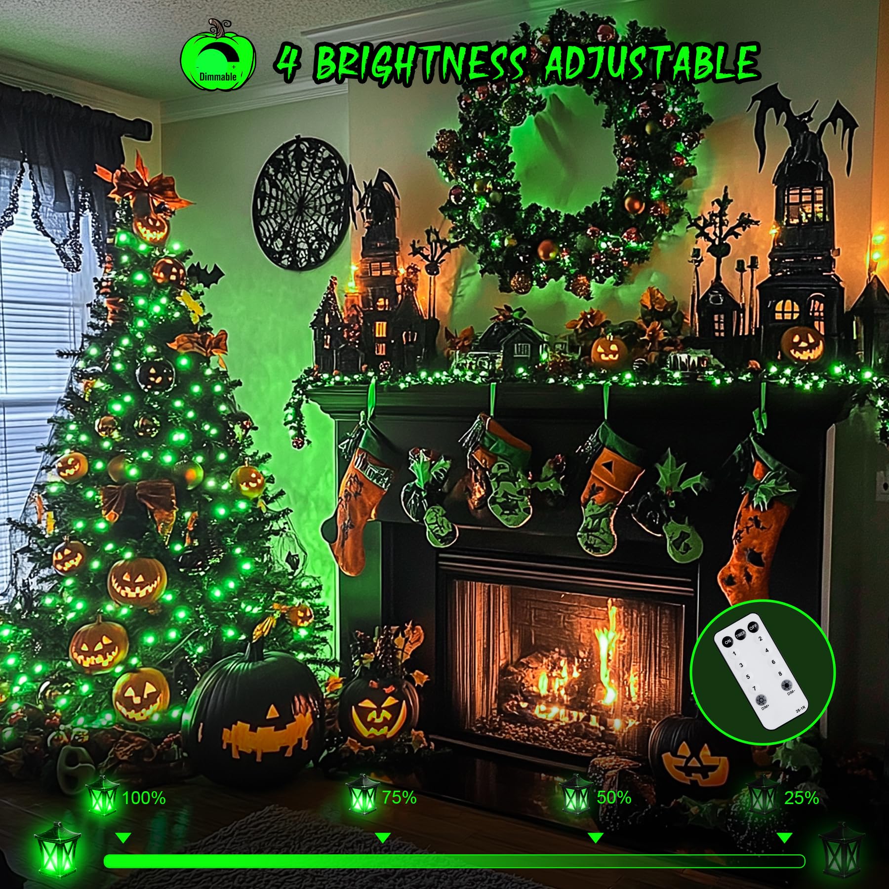 JMEXSUSS 600 Green LED String Lights, Waterproof, 8 Modes, Clear Wire, Model EXS-S-0600, for Outdoor Halloween & St. Patricks Day Decor