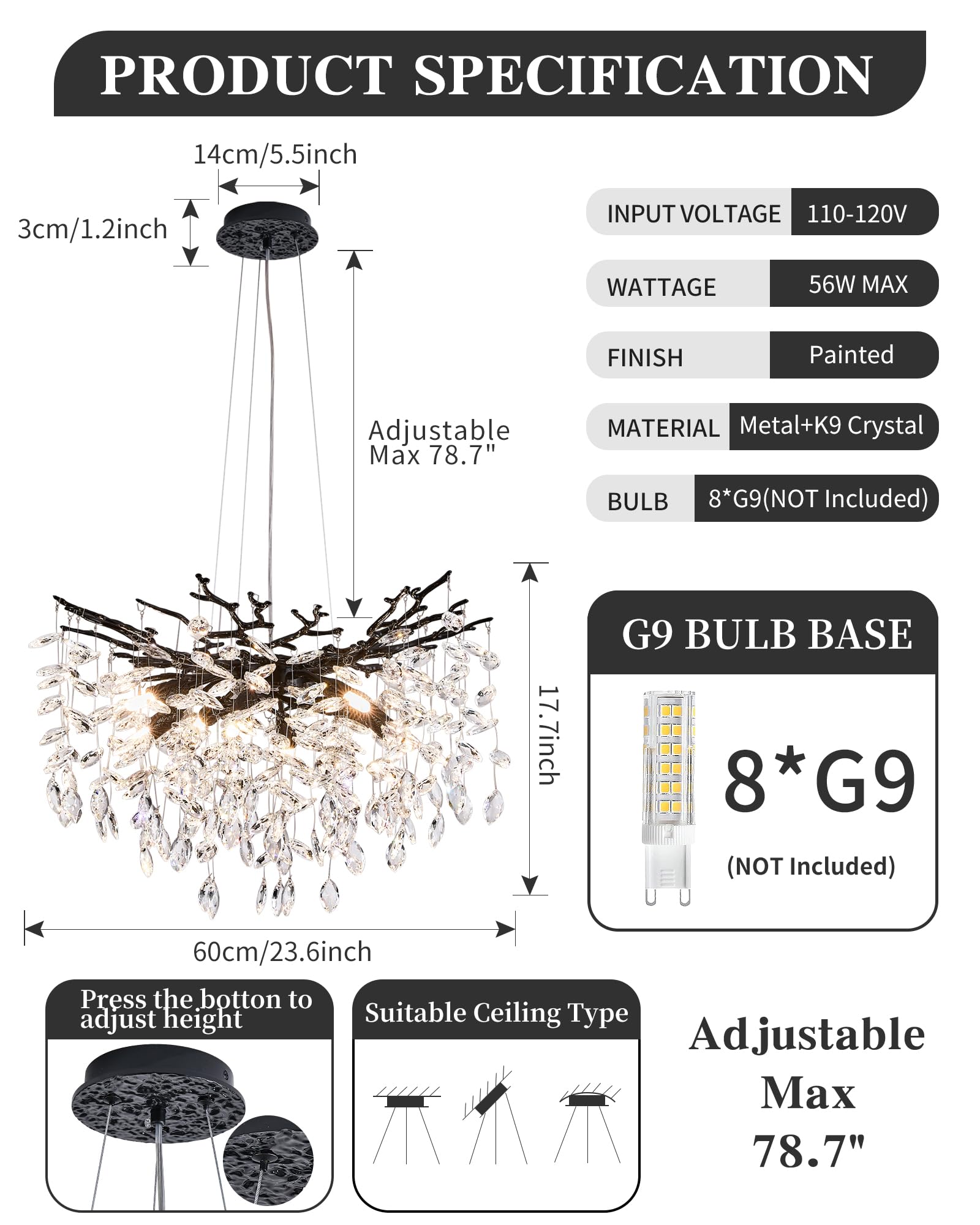 Modern Tree Branch Crystal Chandelier Luxury Blacl Crystal Pendant Lighting 23.6'' Contemporary 8-Light Chandeliers For Dining R