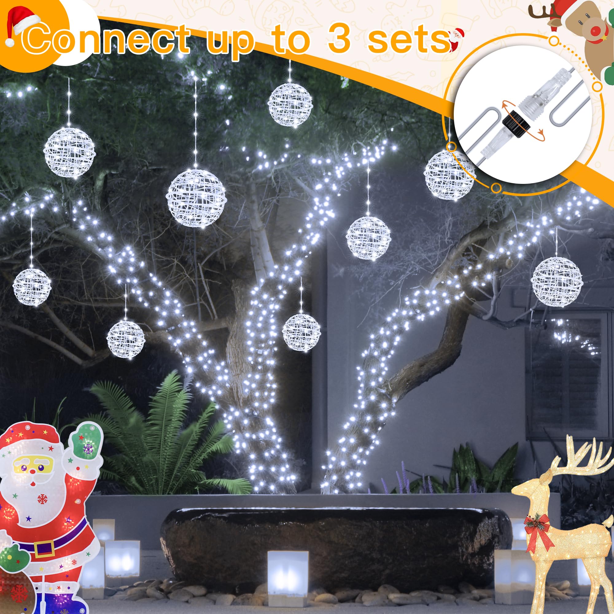Ollny Christmas Lights Outdoor 4Pack 7.87Inch, Cool White 200 Led Ball Light With Plug In Remote, 8 Modes Ip67 Waterproof Connec