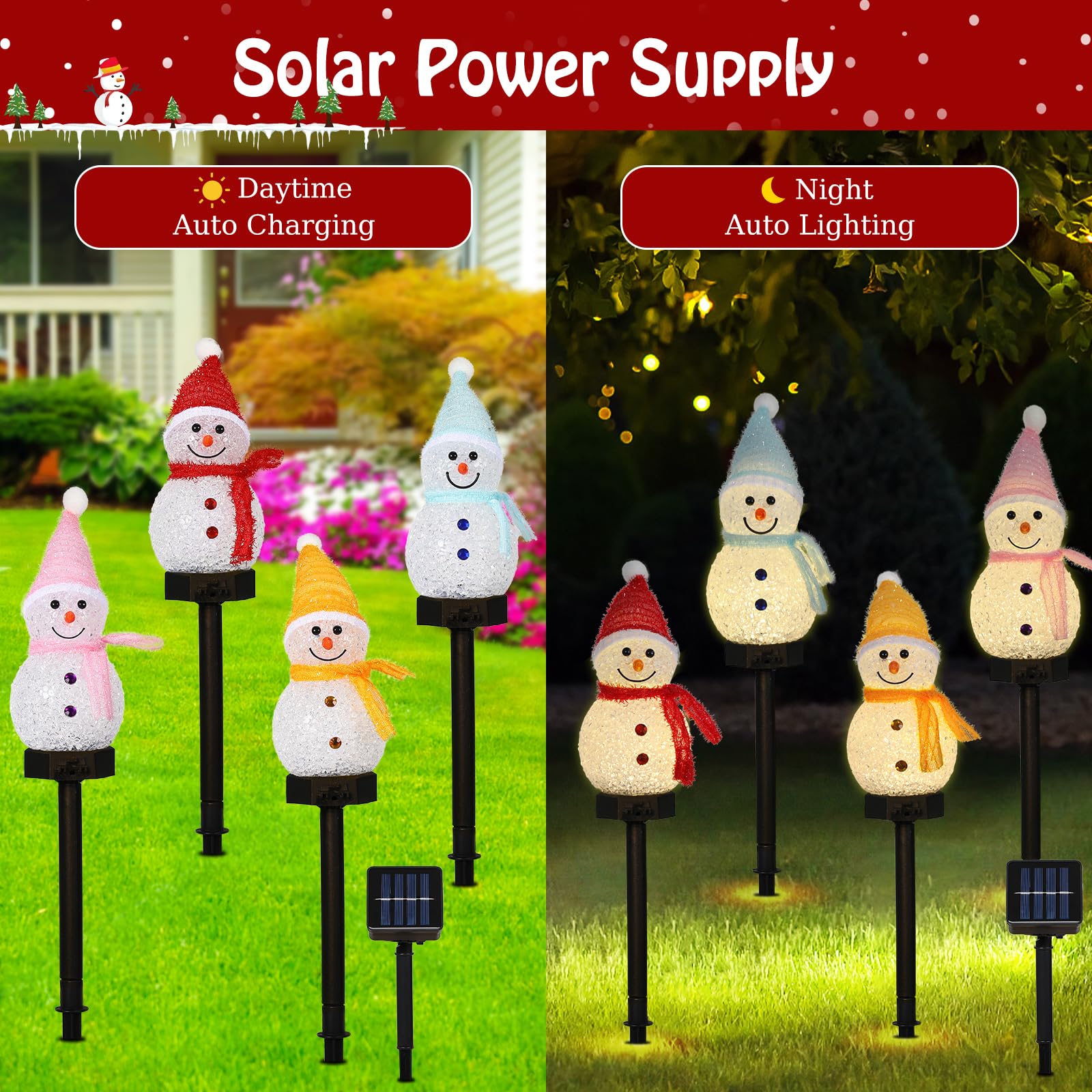 Lewondr Snowman Christmas Decorations Lights, 4Pcs Solar Lighted Snowman With Garden Stakes, Waterproof Garden Lawn Pathway With
