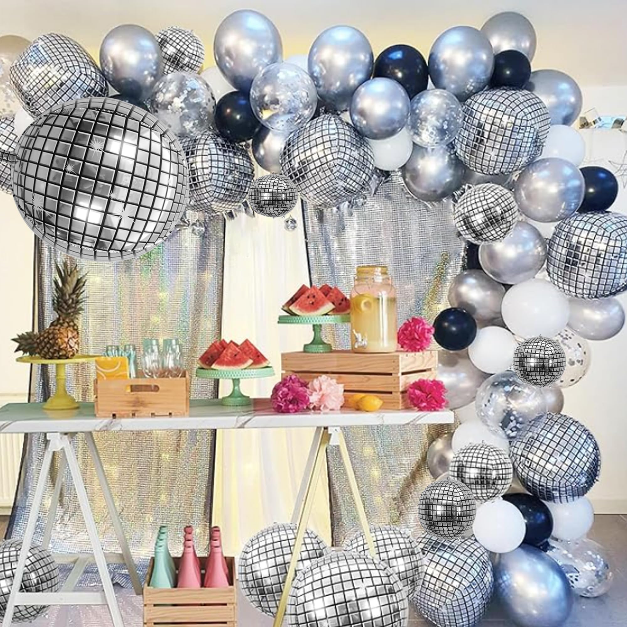30 Pcs Disco Ball Balloons Different Sizes- 4D Large Disco Balloons 10 Inch 15 Inch 18 Inch 22 Inch Assorted Round Metallic Silv