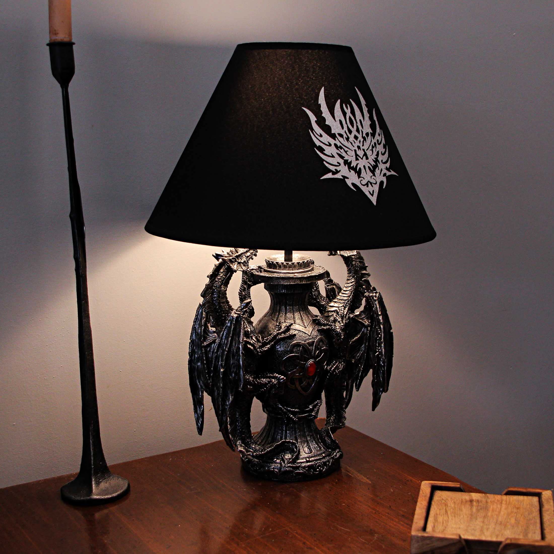 Zeckos Gothic Guardians Table Lamp - 19" Resin Medieval Dragon - Black Tribal Shade - Model HD37749