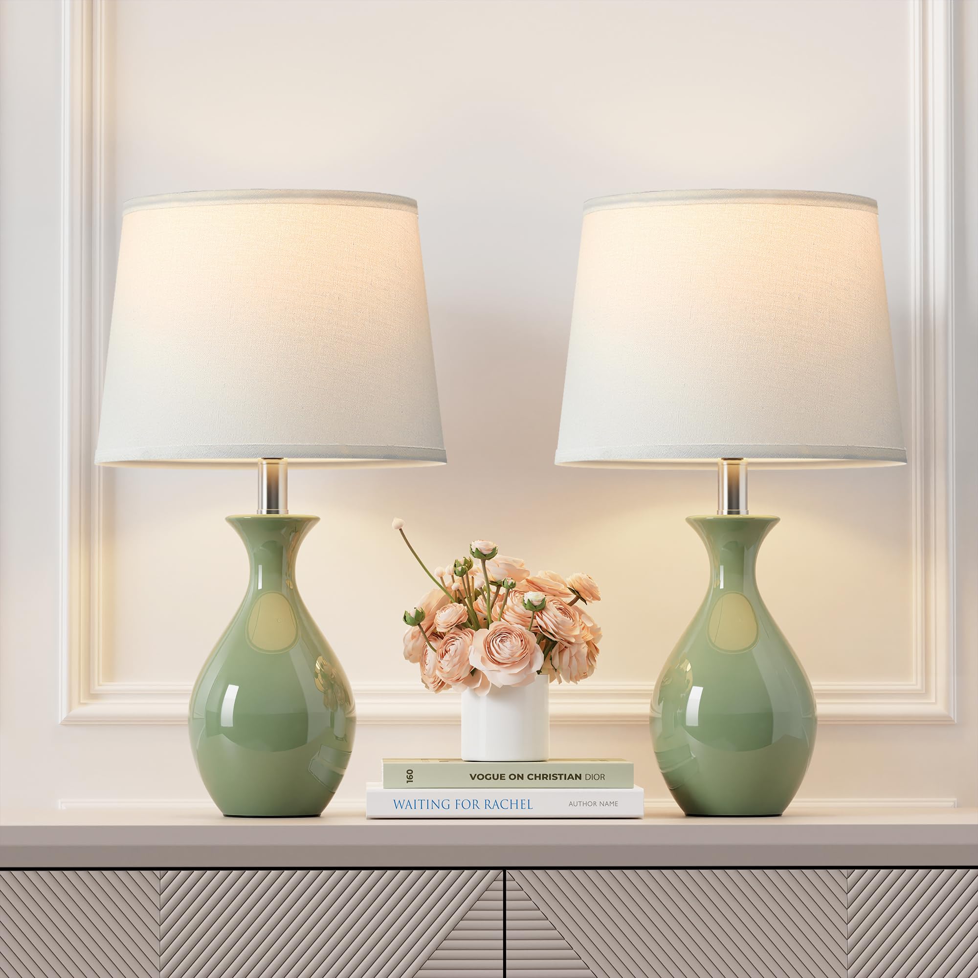 PARTPHONER Table Lamp Set of 2  Modern Ceramic Bedside Lamps for Night Stands  Classic Small Lamp Nightstand Lamp for Bedroom Living Room Desk End Table Rocker Swtich Sage Green