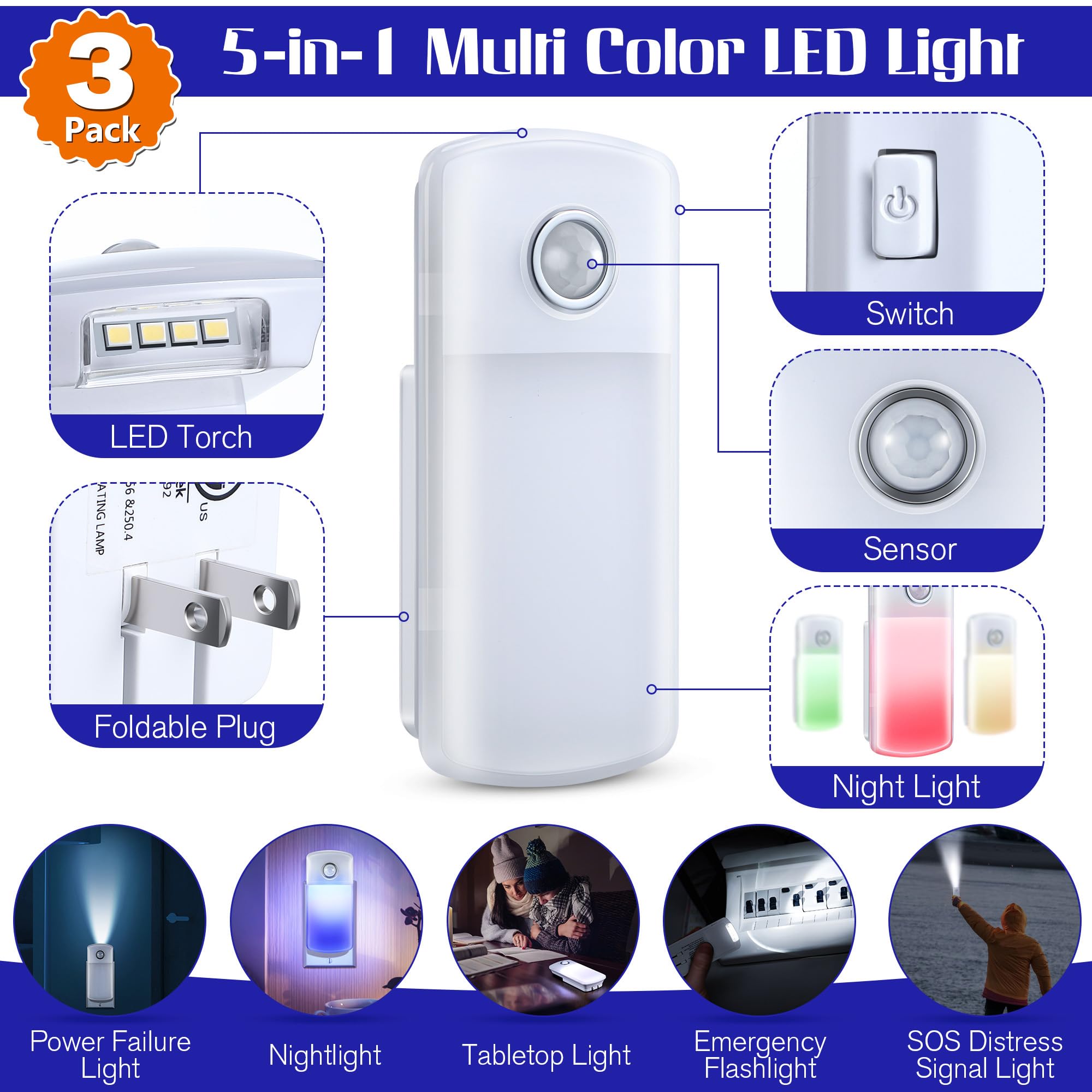 Enhon 5-in-1 Emergency Night Lights - Rechargeable LED Flashlight with Motion Sensor, Multicolor, Model SO1447, 6 Pack