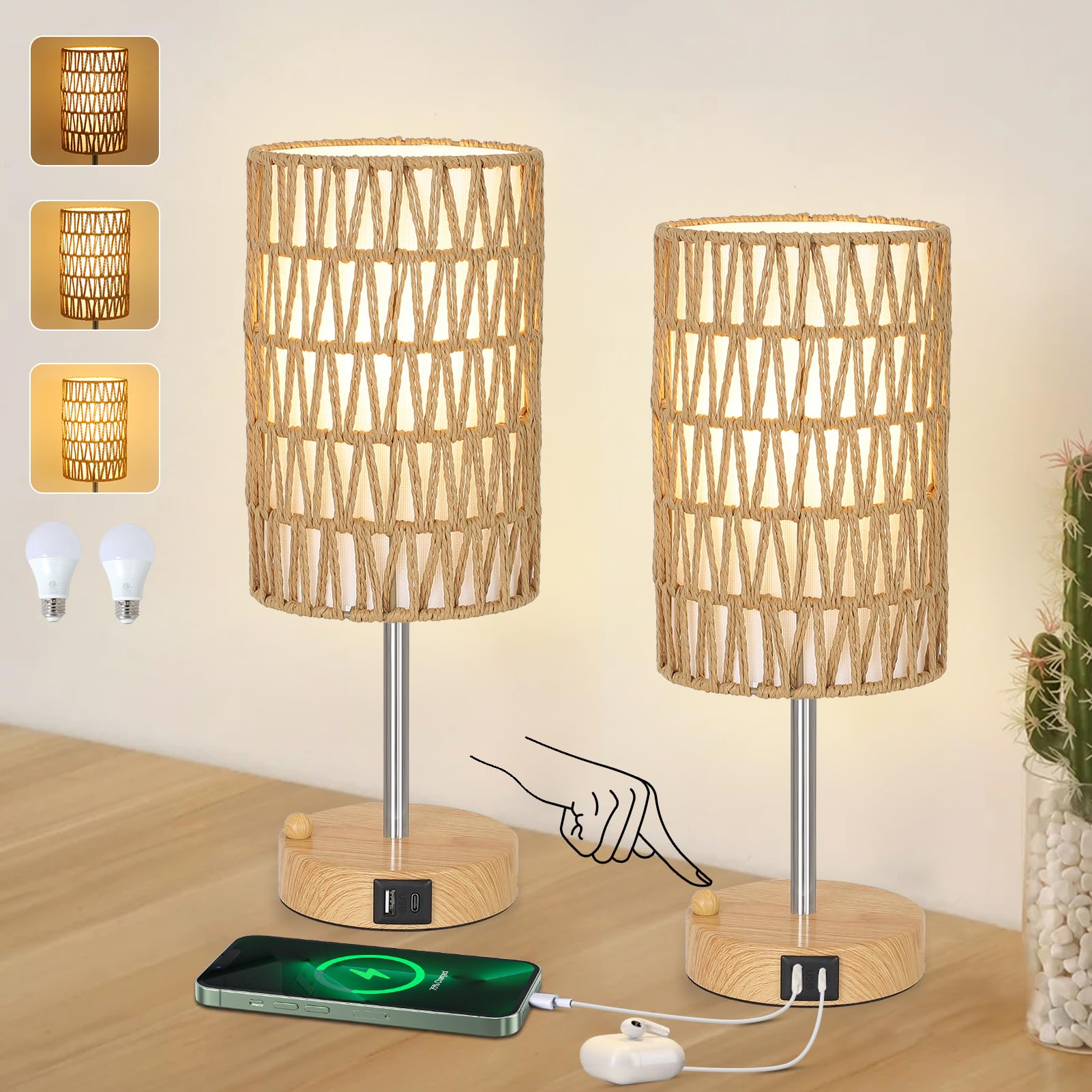 Eayaya Bedside Lamps Set of 2 with Bulb, Touch Control Nightstand Lamp for Bedroom with Rattan & Linen Shade, 3 Way Dimmable Sma