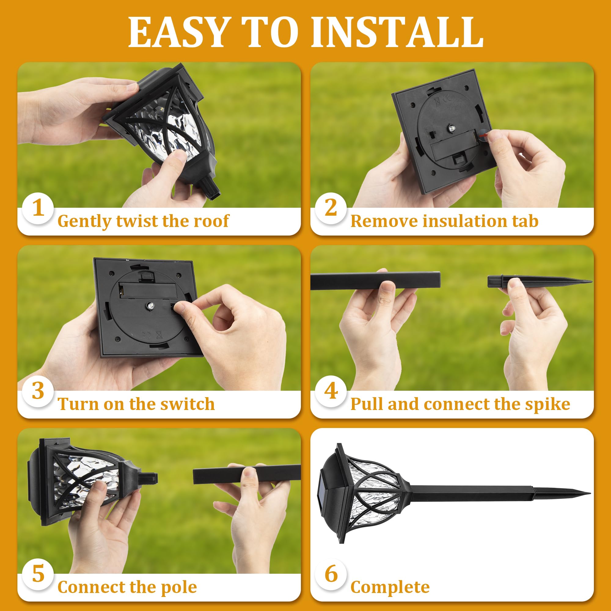 GIGALUMI Solar Outdoor Lights, 6 Pack LED Pathway Lights, Waterproof, Warm White, Black, Model 6994