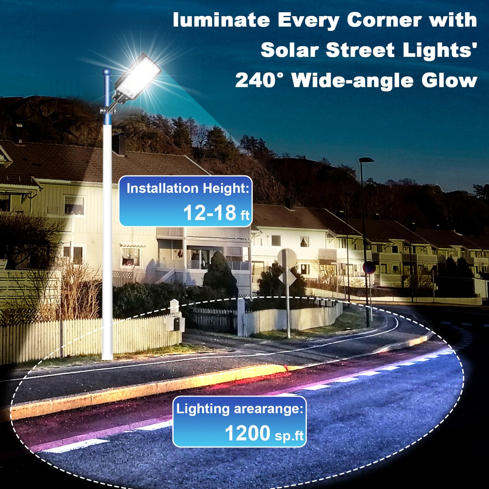 Eleganted Solar Street Lights, 6500K, IP66 Waterproof, 100000LM, Remote Control, Black, Model JJL-CAXFSTL03