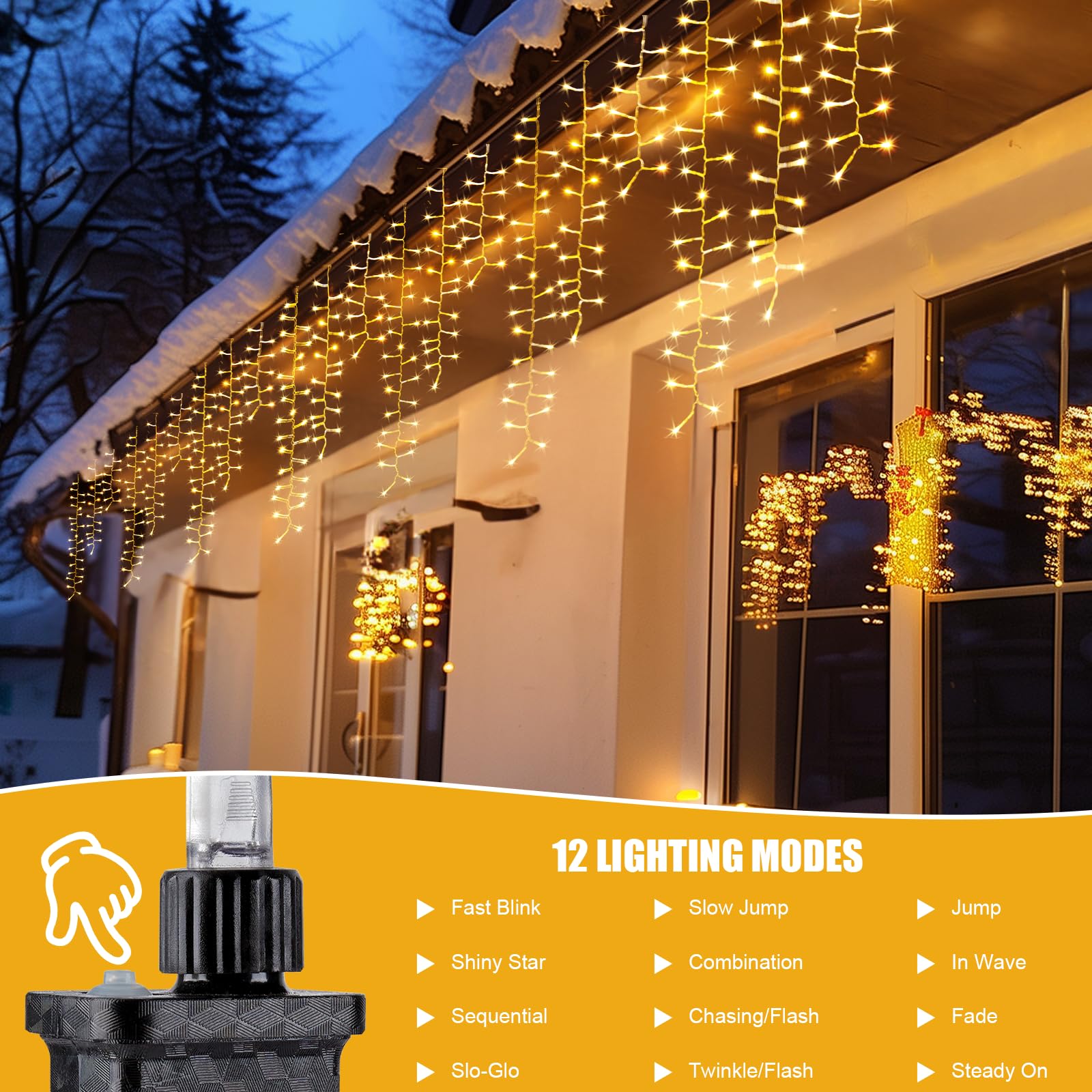 Brightown 33FT 1020 LED Icicle Lights, Waterproof, Warm White, 51 Drops, 12 Modes, Timer for Outdoor Christmas Decoration
