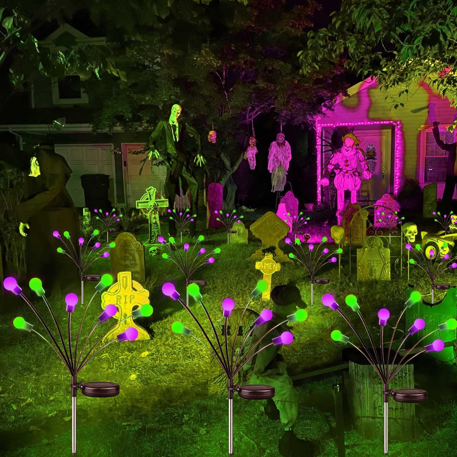 OZS Solar Lights 6-Pack 48 LED Purple Orange Green Spider Lights Waterproof for Outdoor Halloween Decorations