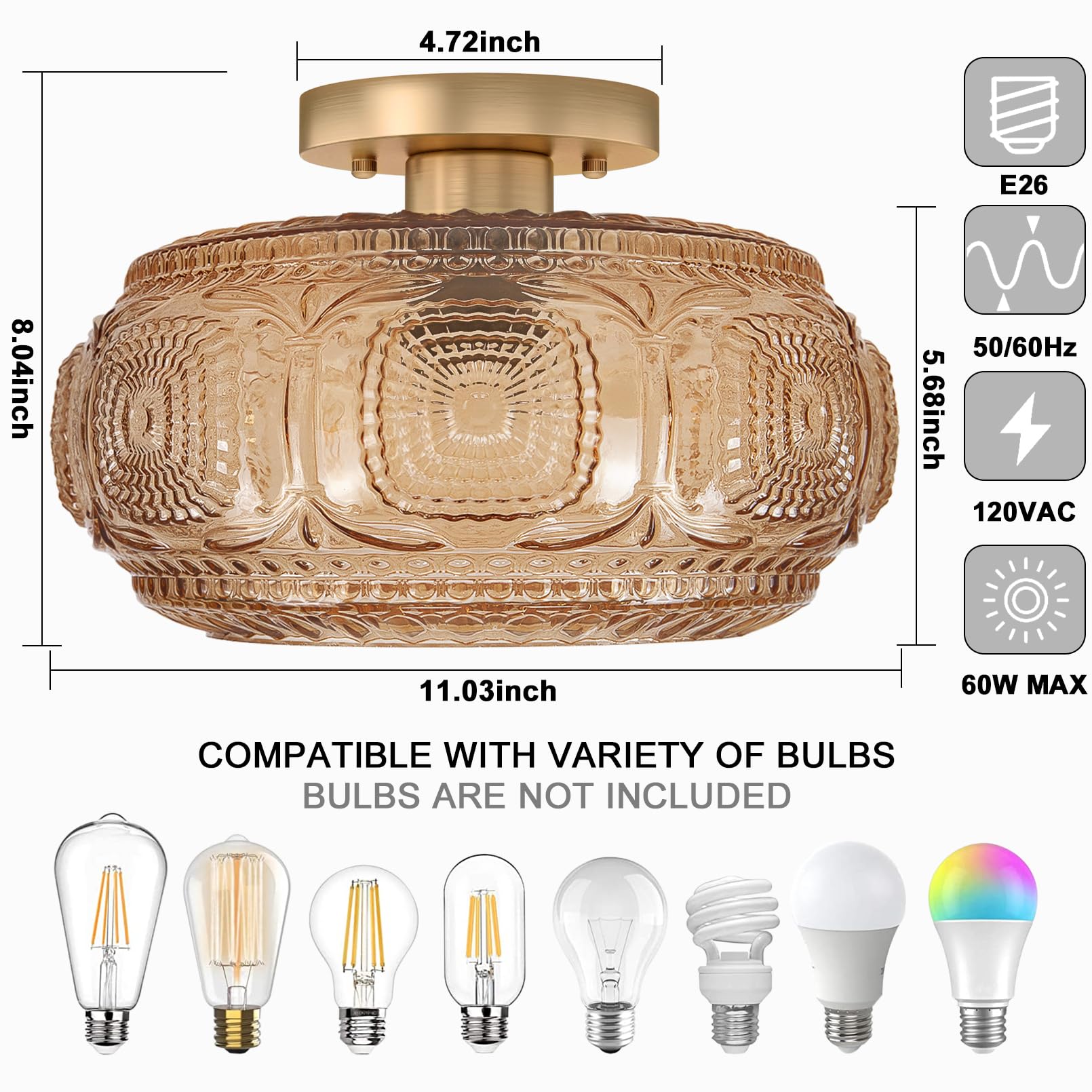 Oykyohei Semi Flush Mount Ceiling Light  Upgraded Larger Amber Glass Ceiling Light Fixture  Vintage Lighting For Hallway Kitchen Bedroom Dining Room  Bulb Not Included