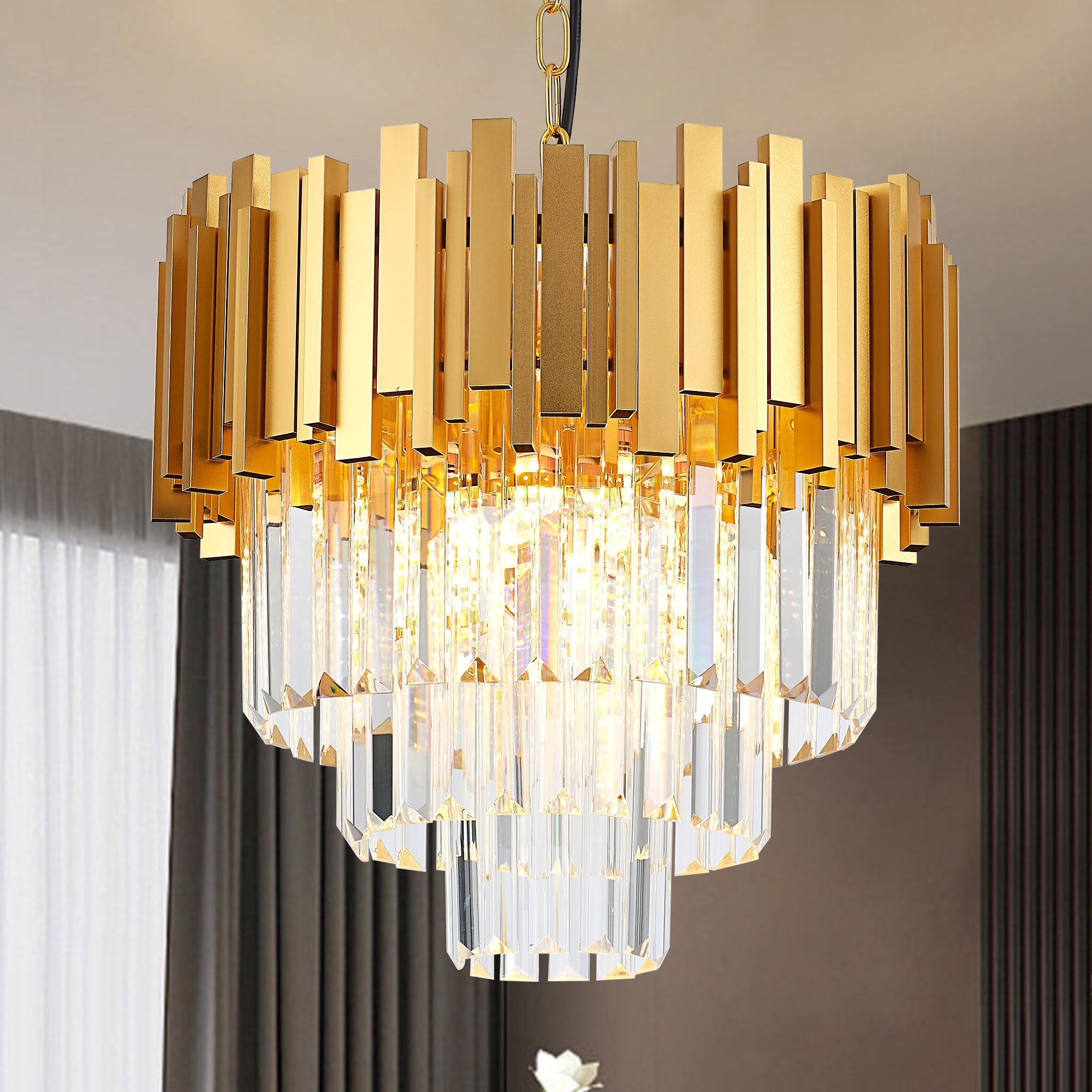 Faibra 15.75" Gold Crystal Pendant Light Fixtures,5-Light Luxury Crystal Pendant Light Perfect For Dining Room, Bedroom, Kitchen, Living Room 3-Tier