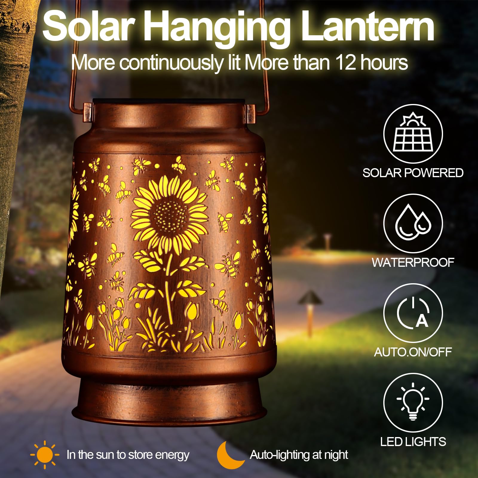 Solar Lantern Outdoor Hanging Waterproof Outside Metal Openwork Hummingbird Pattern Birthday Gifts For Women Mom Landscape Lights For Porch Garden Yard Patio Pathway Decor(Sunflower + Bee)