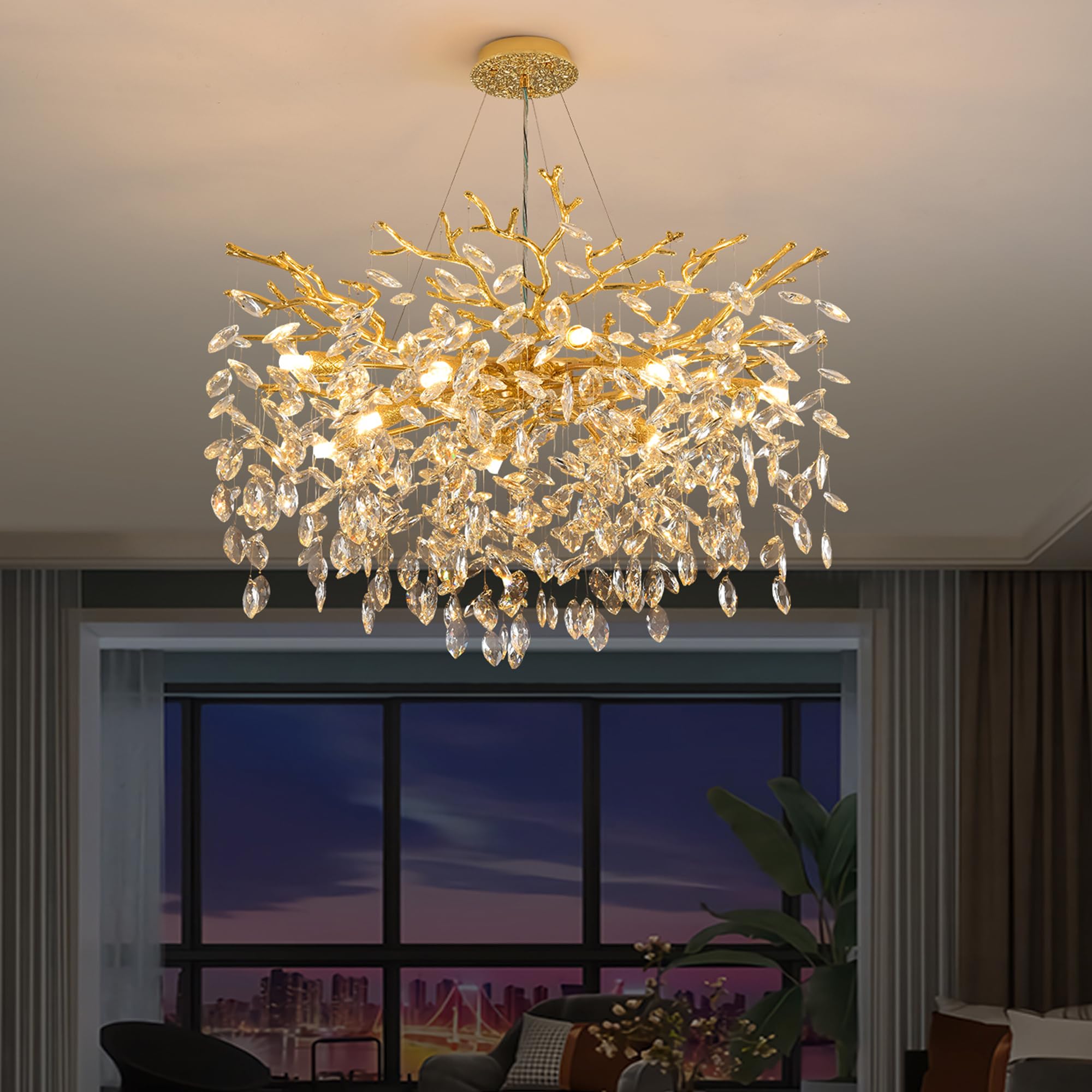 Upfelw Tree Branch Chandelier Modern Crystal Pendant Light  Elegant Gold Art Deco Raindrop Lighting Fixture for Dining Room Bedroom Living Room 10 Lights D30