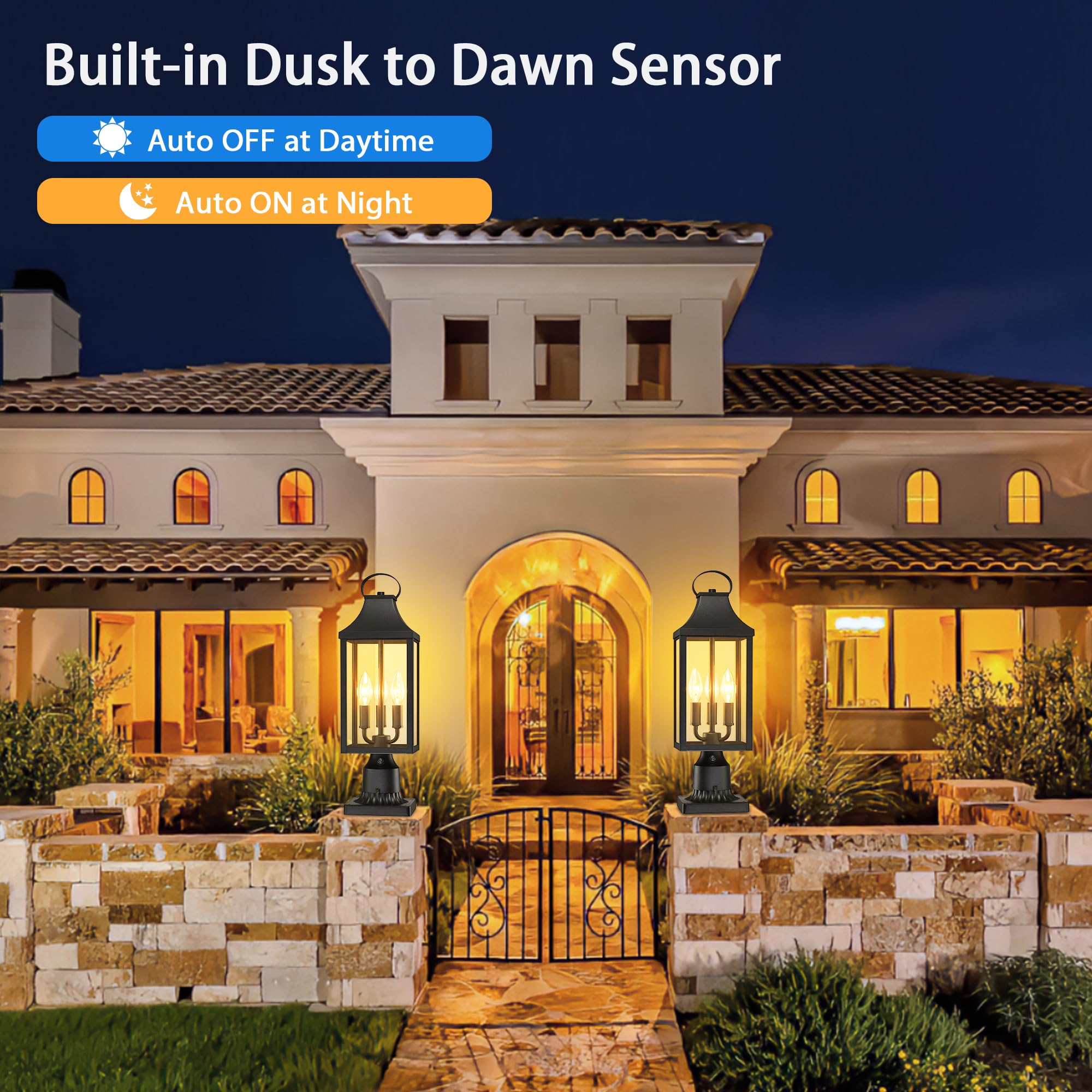 18.62'' Dusk To Dawn Post Light Outdoor, Large 3-Light Lamp Post Light Fixture, Modern Pillar Outside Lighting Waterproof Post Lantern Lamp Outdoor Post Light Fixtures Pole Lights For Porch, 1 Pack