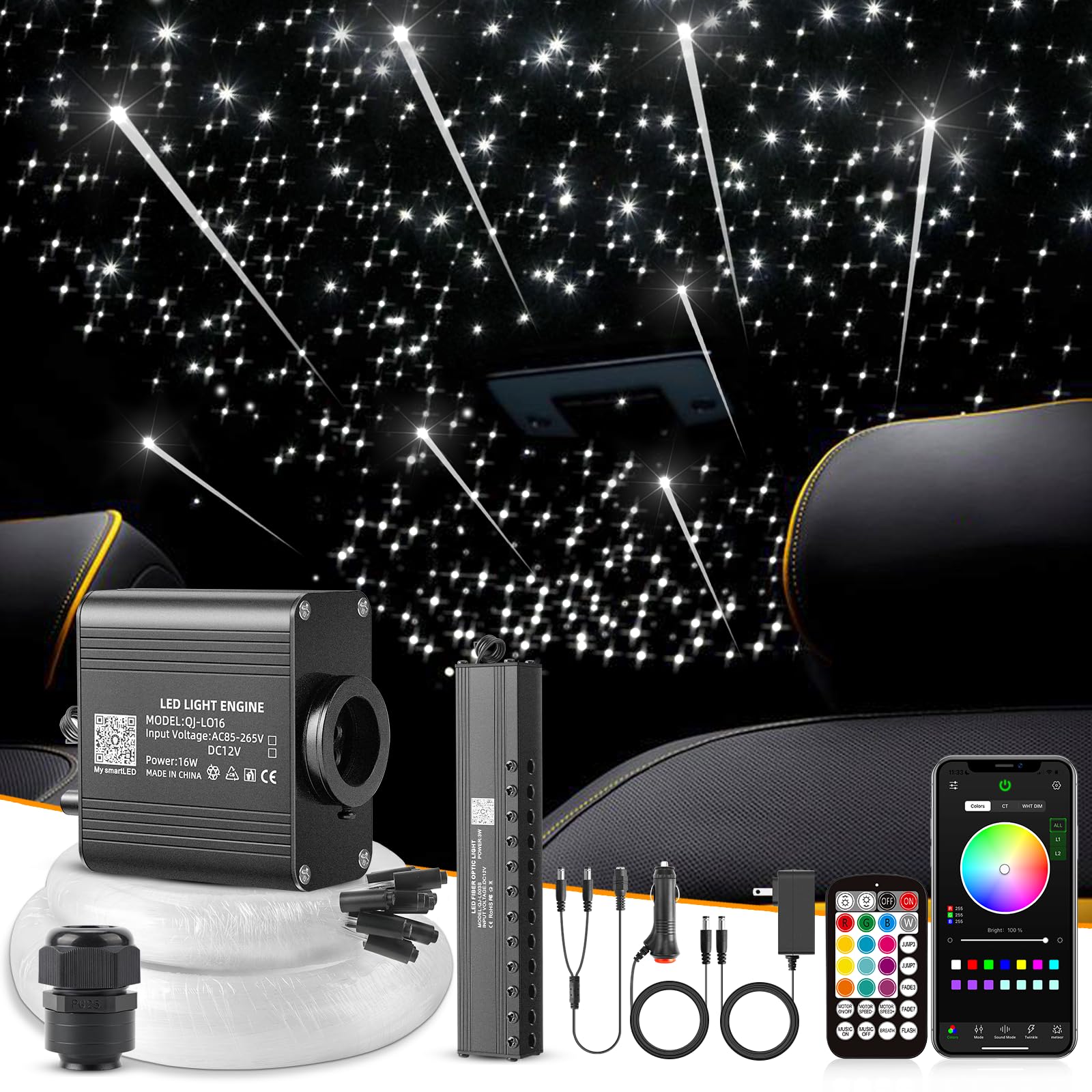 SUNKENET 16W Meteor Twinkle LED Fiber Optic Lights, Bluetooth APP/Remote/Music Control RGBW Star Ceiling Light Kit+Adapter+Car U